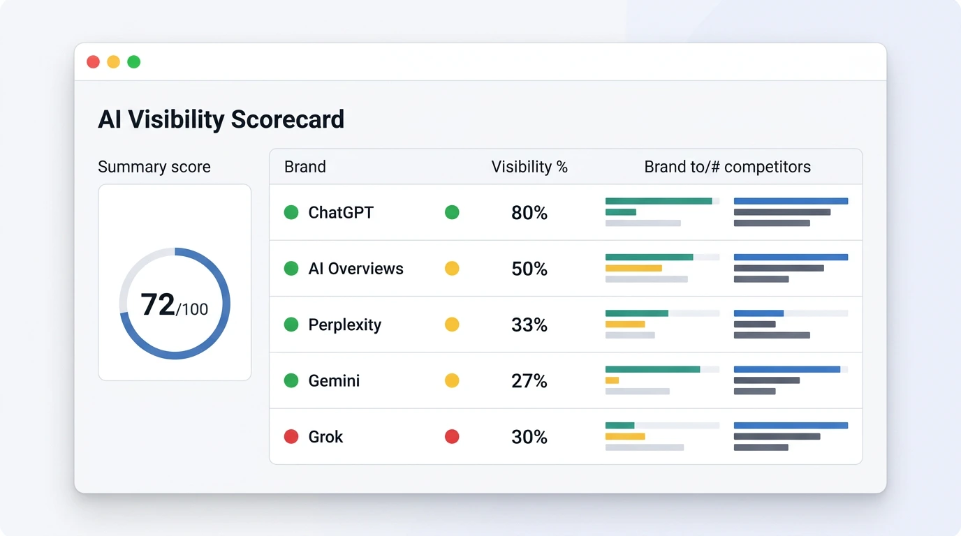 AI visibility scorecard across ChatGPT, AI Overviews, and Perplexity