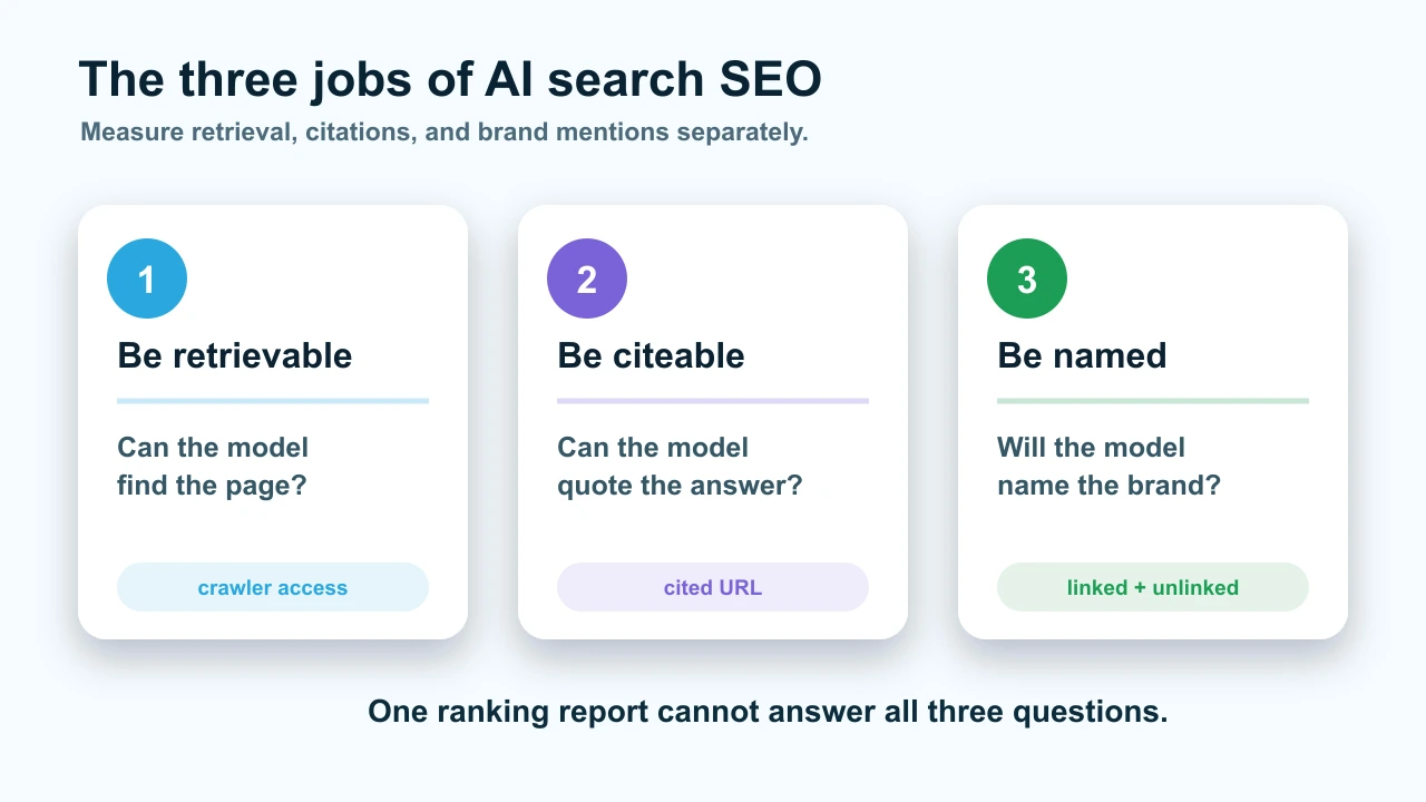 Three-part AI search SEO framework showing retrievable, citeable, and named signals