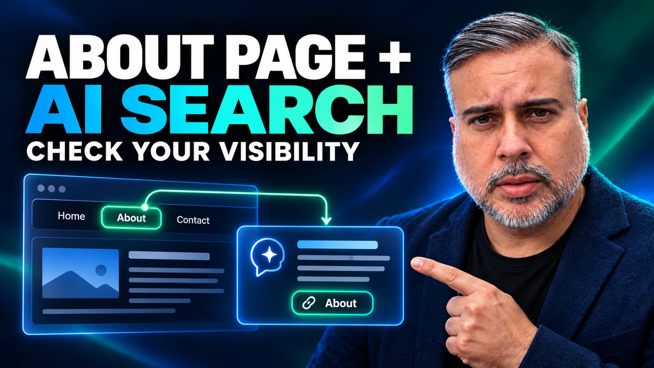 Francisco gestures toward an About navigation link connected to an AI answer panel under the headline ABOUT PAGE + AI SEARCH.