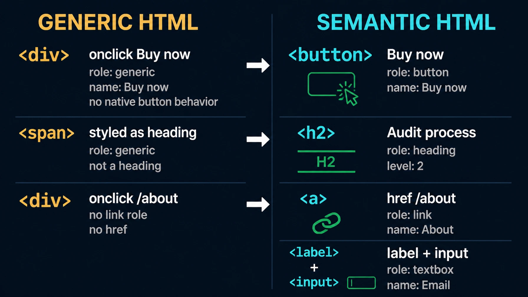 Side-by-side comparison of semantic button, link, form, label, and select elements against generic div and span controls, with accessibility trees showing useful roles and names versus missing semantic information