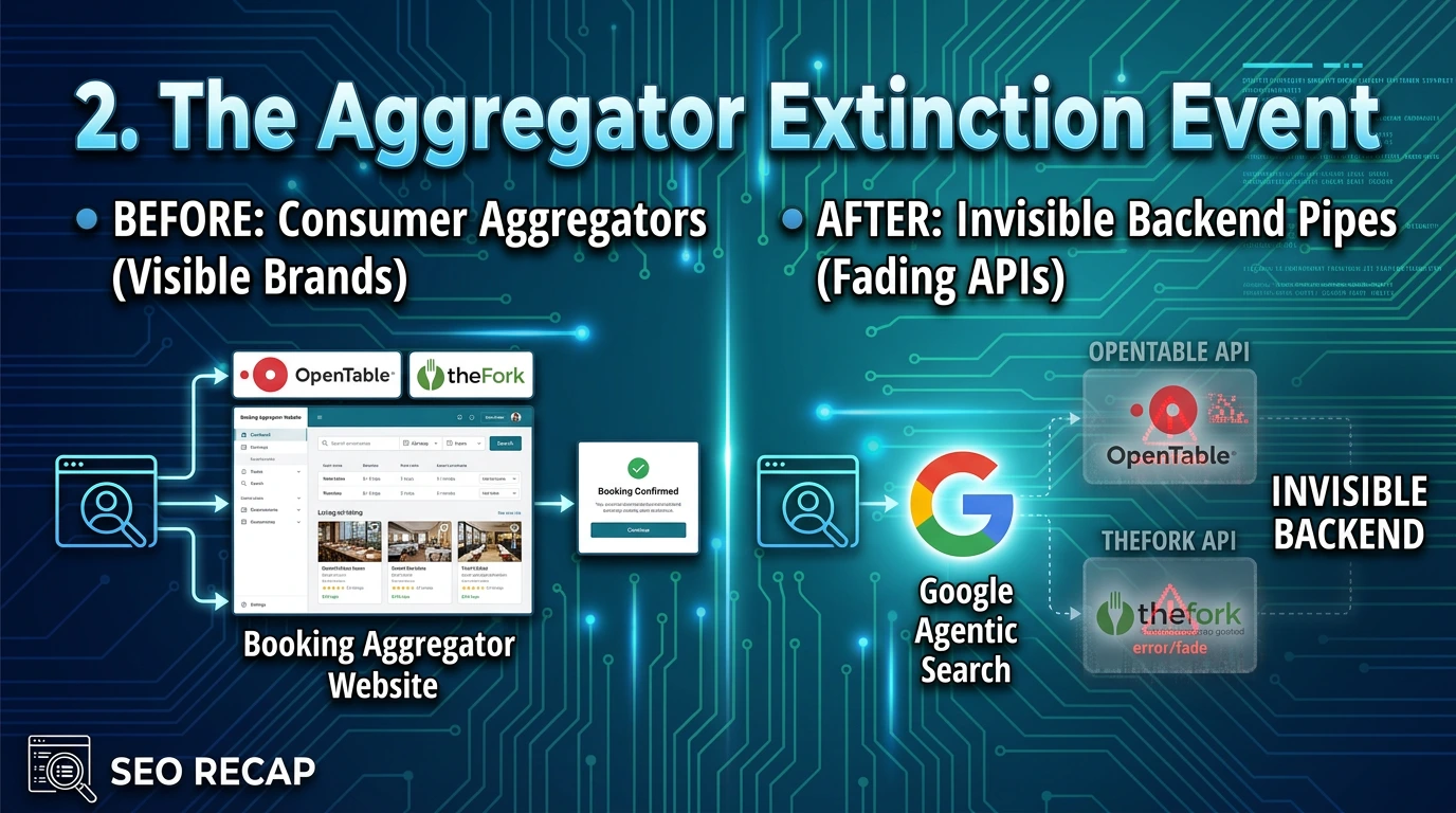 Diagram showing aggregator sites losing user-facing visibility as Google intercepts bookings directly