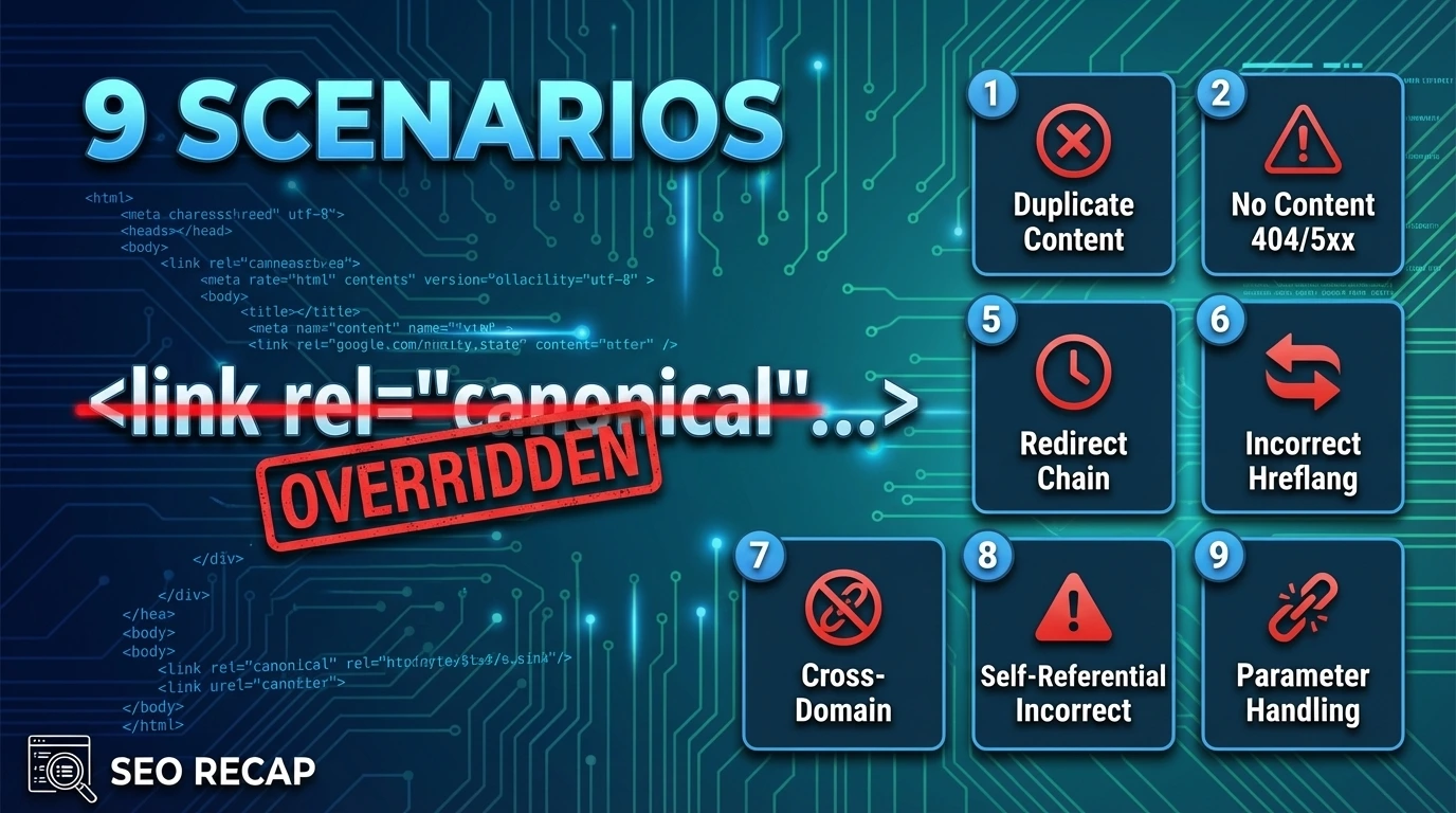 Infographic showing Mueller's 9 canonical URL override scenarios with severity indicators