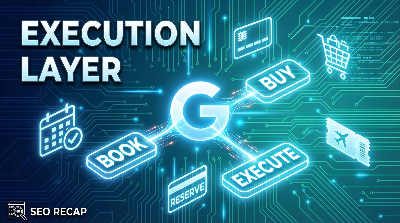 Infographic showing search evolving from information retrieval into an execution layer for AI agents