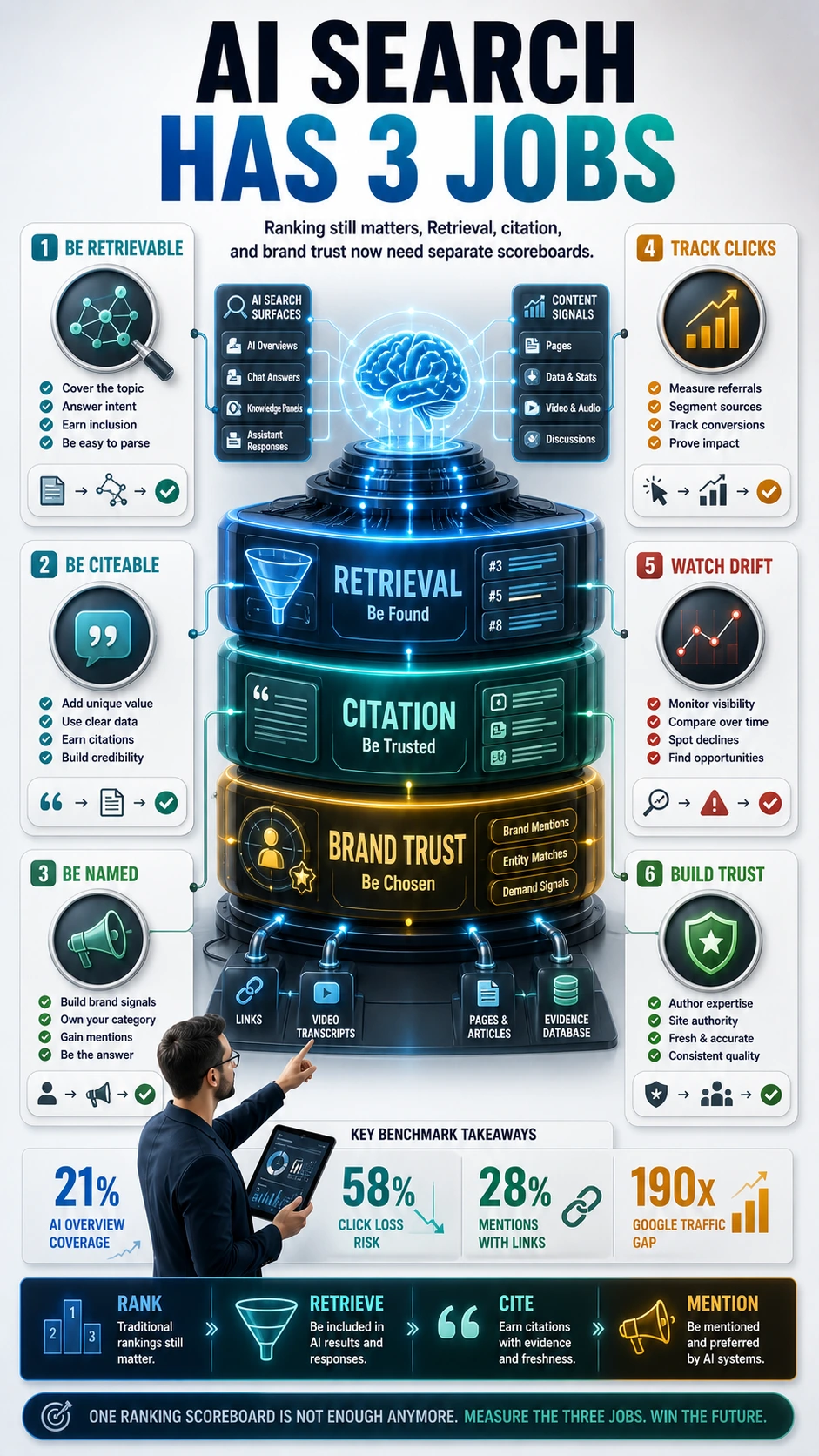 Vertical infographic showing AI search SEO split into three jobs: be retrievable, be citeable, and be named, with separate click, drift, and trust measurement panels