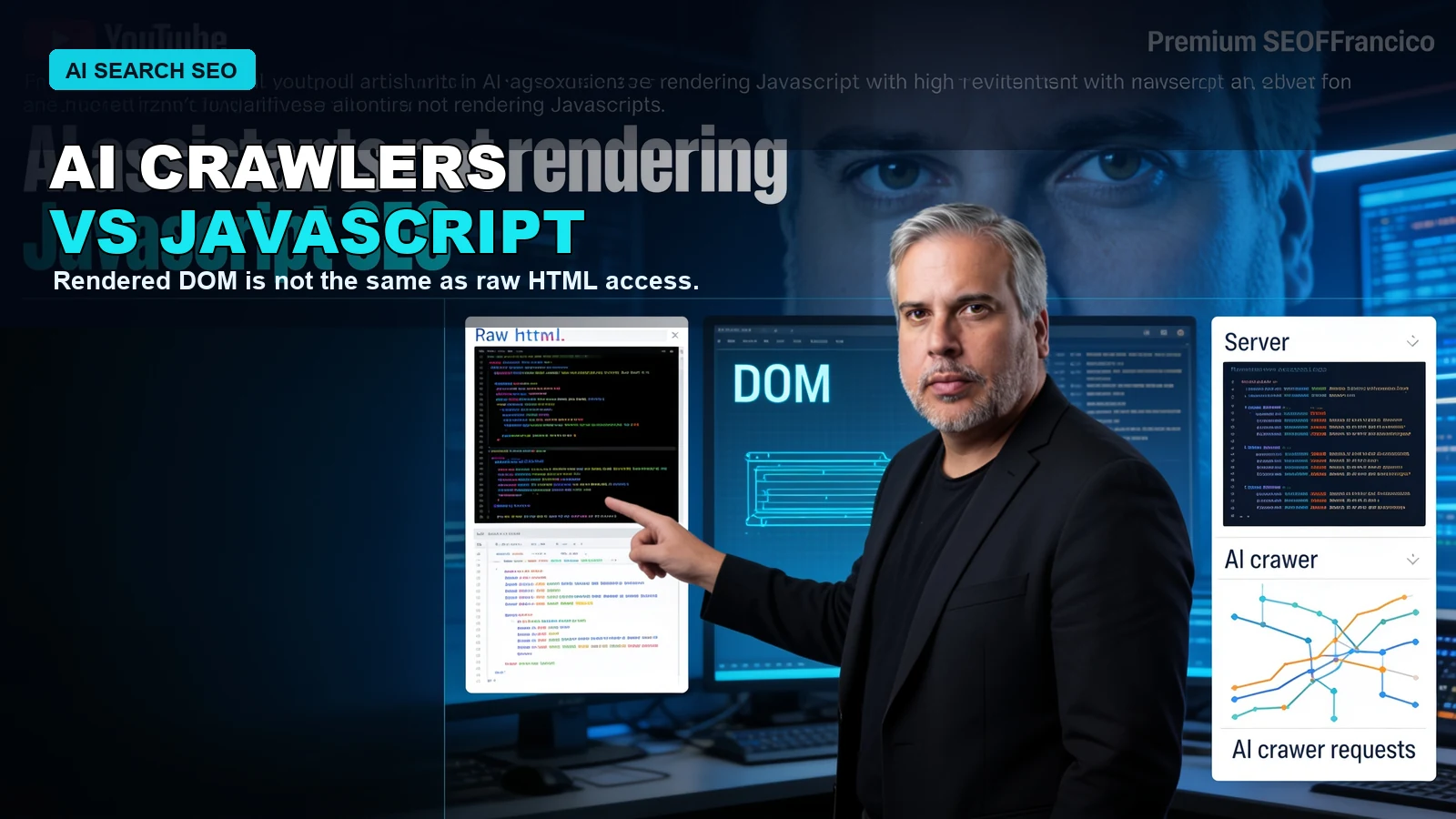 AI assistant crawlers reading JavaScript-dependent pages in a technical SEO command center