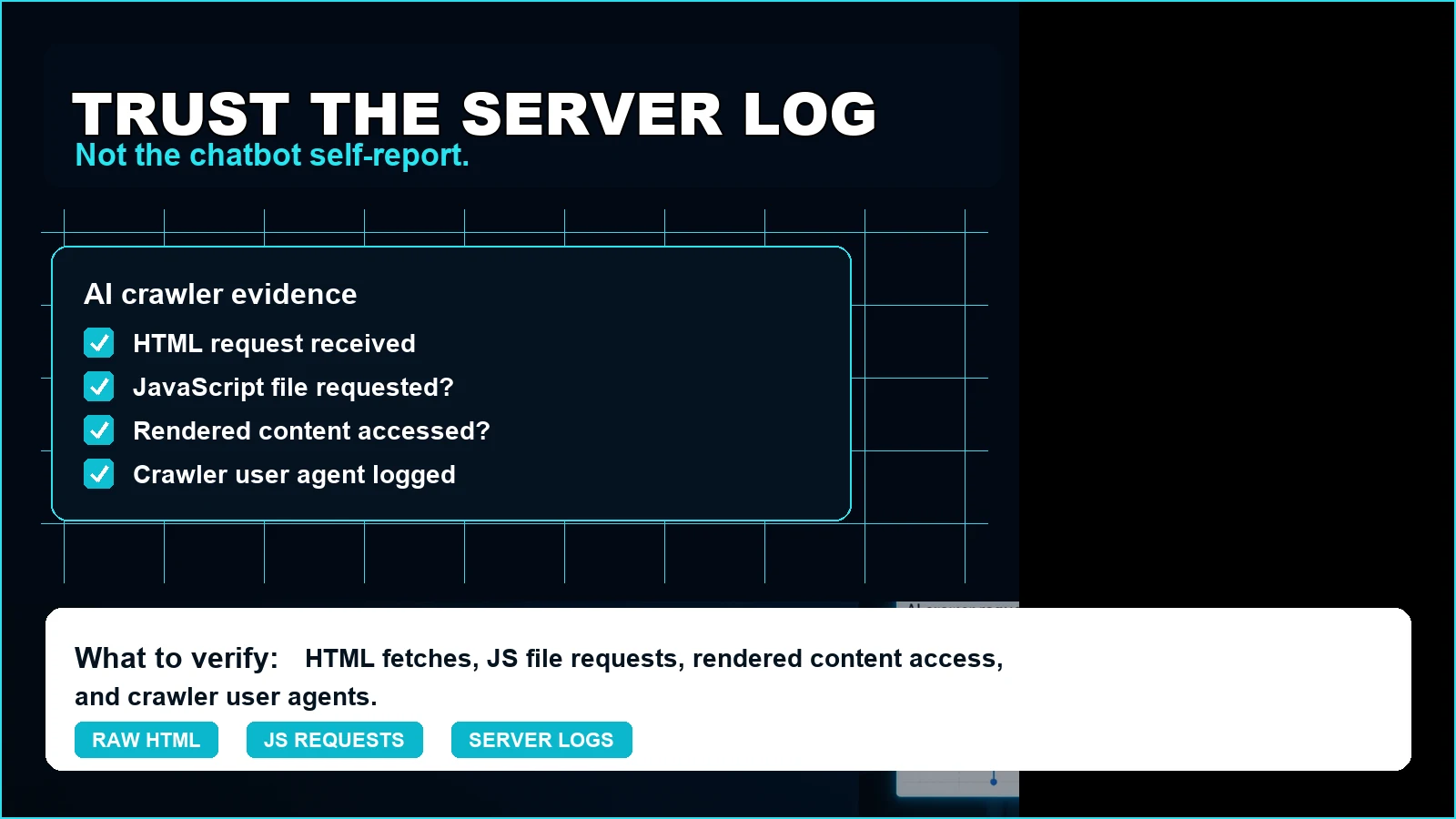 Server log evidence showing which AI assistant fetchers requested HTML, JavaScript, and execution endpoints