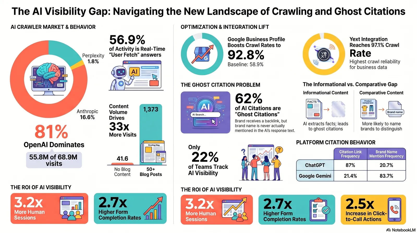 Infographic showing AI crawler visit distribution across 858,457 sites, OpenAI's 81% market share, the ghost citation problem affecting 62% of AI citations, and platform comparison of citation vs brand mention rates