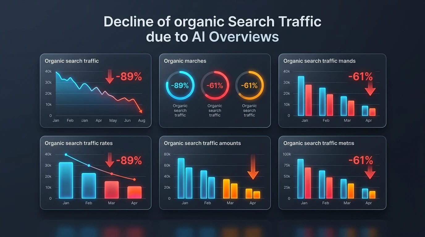 Infographic showing AI Overviews CTR impact data: 61% organic CTR decline, 77% mobile zero-click rate