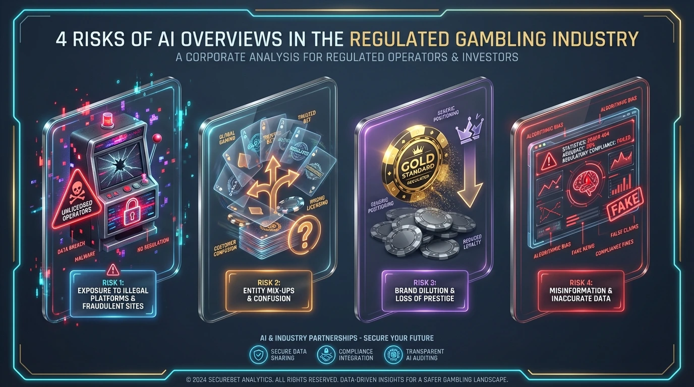 Infographic showing 4 critical risks of AI Overviews for gambling sites