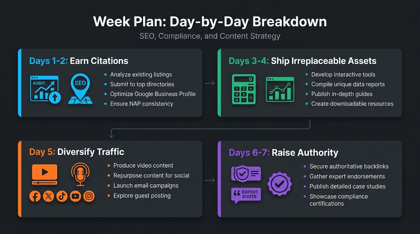 Infographic showing a 1-week gambling SEO action plan