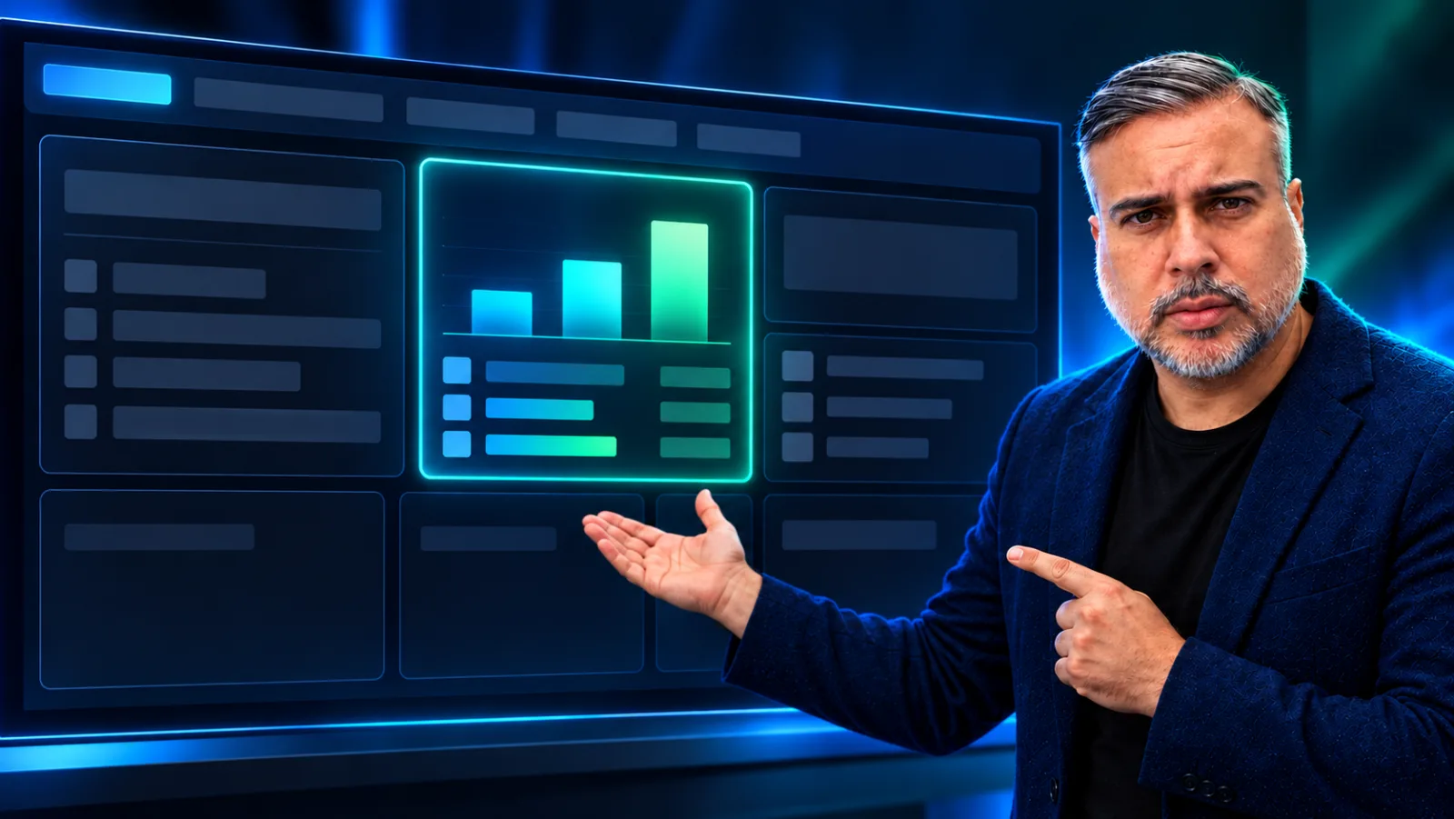 Francisco Leon de Vivero junto a un panel abstracto de consola webmaster para IA con un módulo de datos encendido