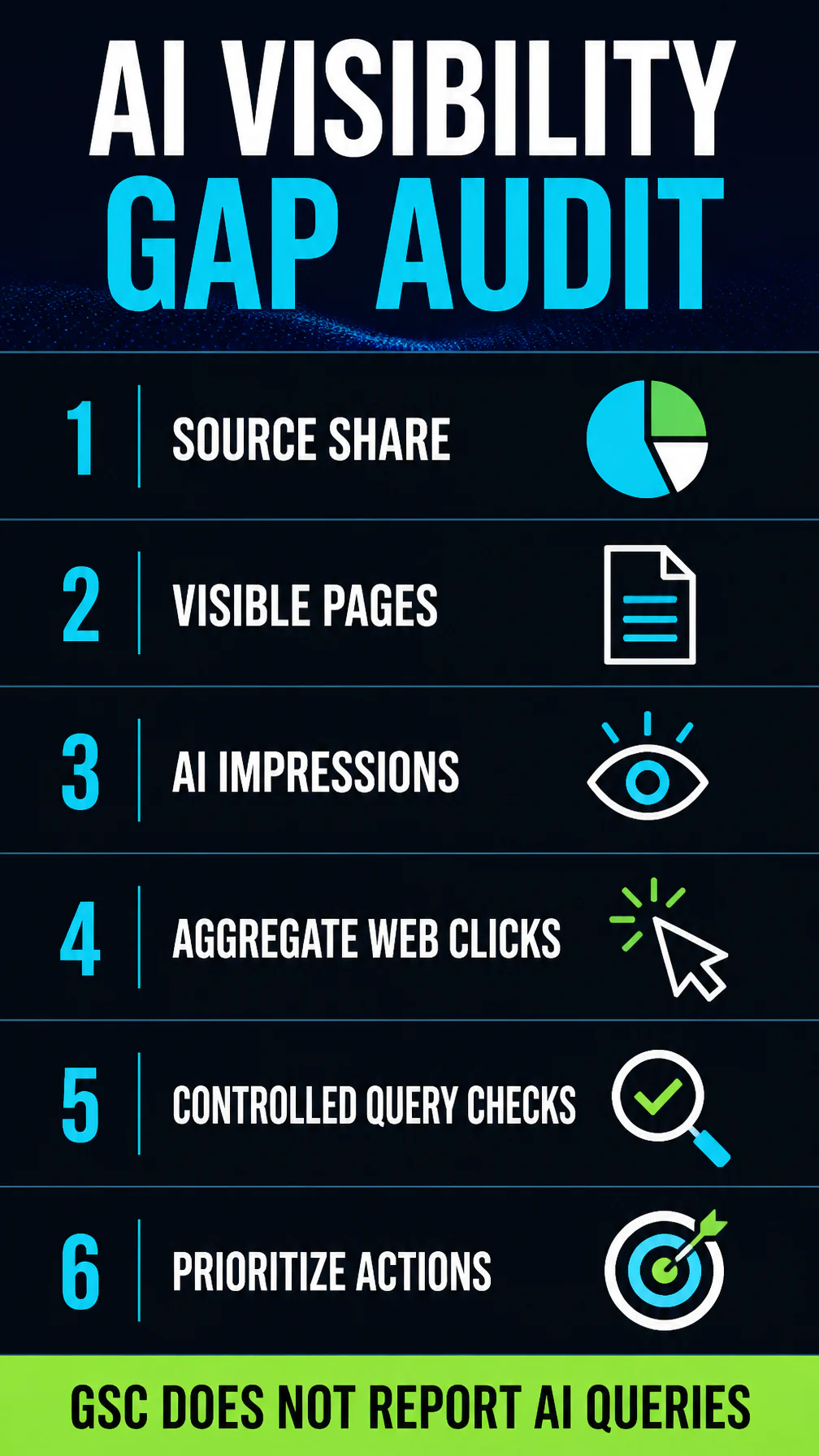 Six-step AI visibility gap audit: source share, visible pages, AI impressions, aggregate Web clicks, controlled query checks, and action prioritization; GSC does not report AI queries