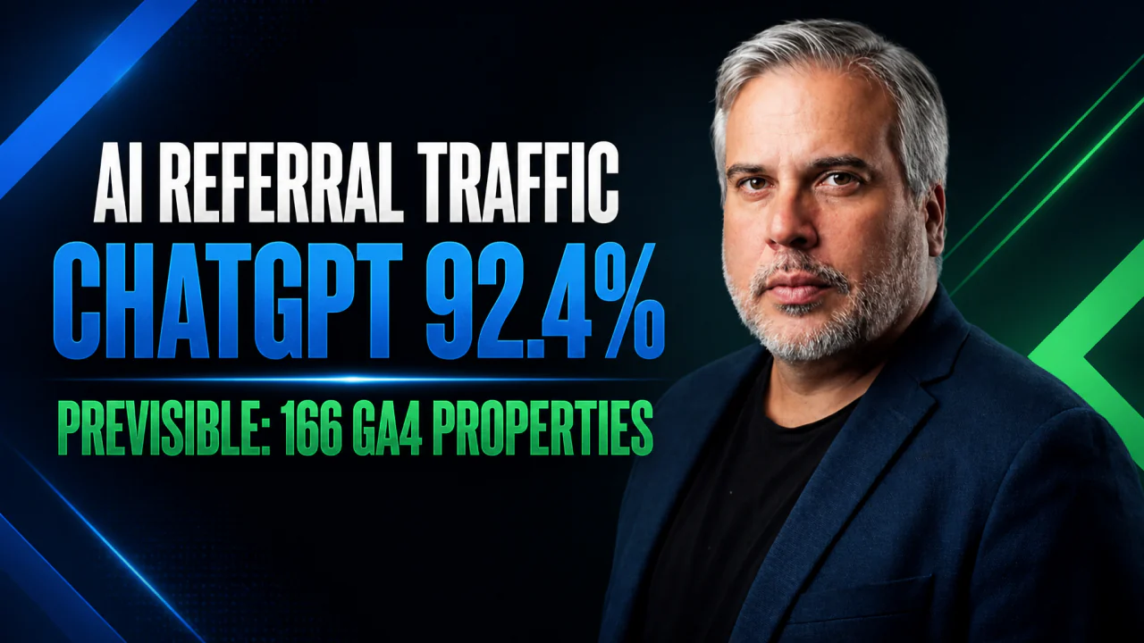 Francisco beside AI referral traffic text showing ChatGPT at 92.4% in Previsible's dataset of 166 GA4 properties