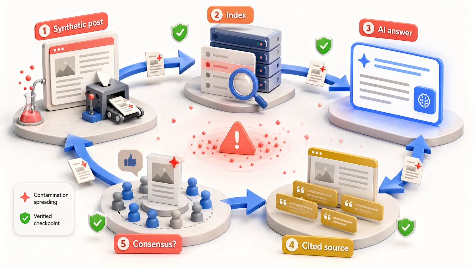 Isometric visualization of the AI retrieval poisoning loop showing how synthetic content cycles through RAG systems