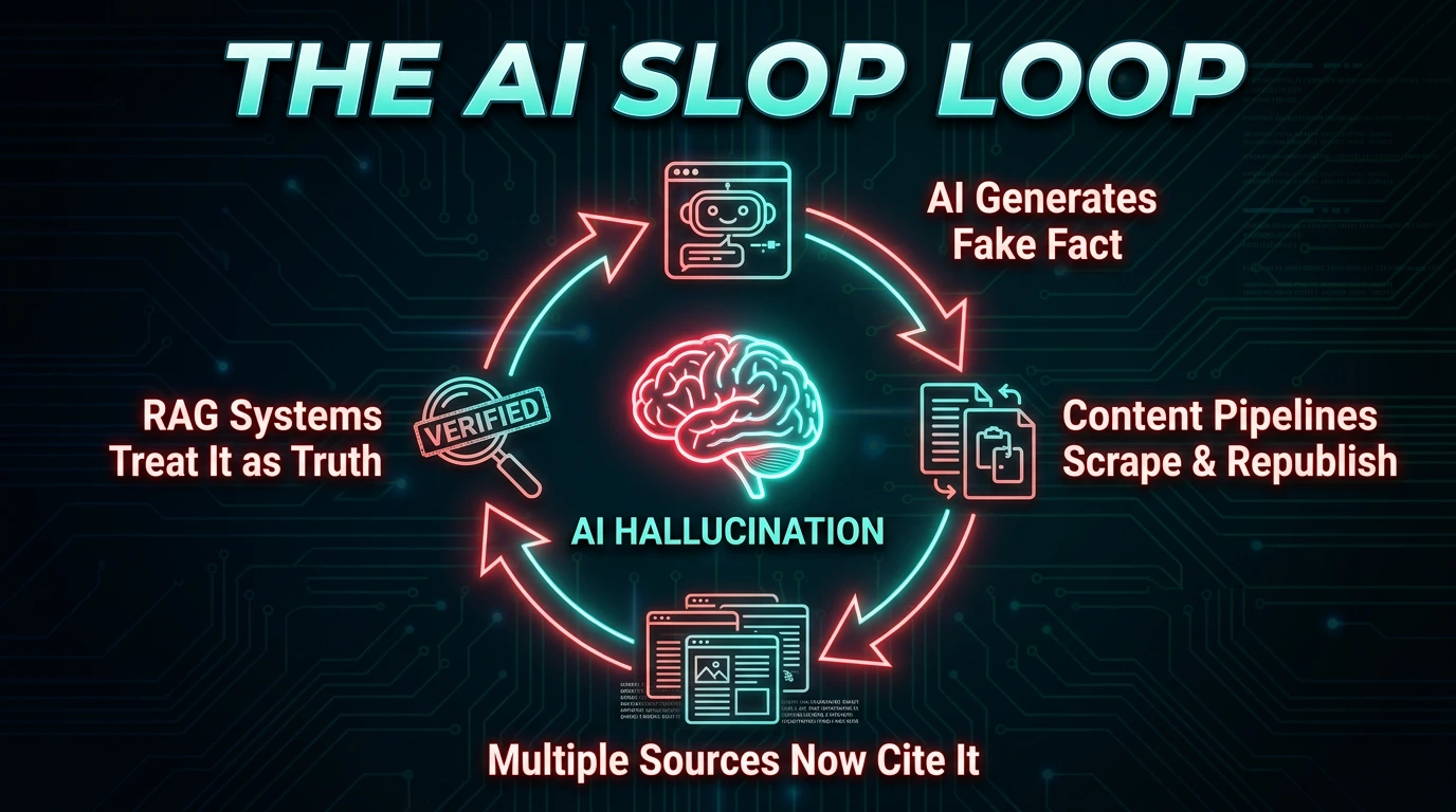 Diagram showing the AI Slop Loop cycle: hallucination to scraping to republishing to RAG citation
