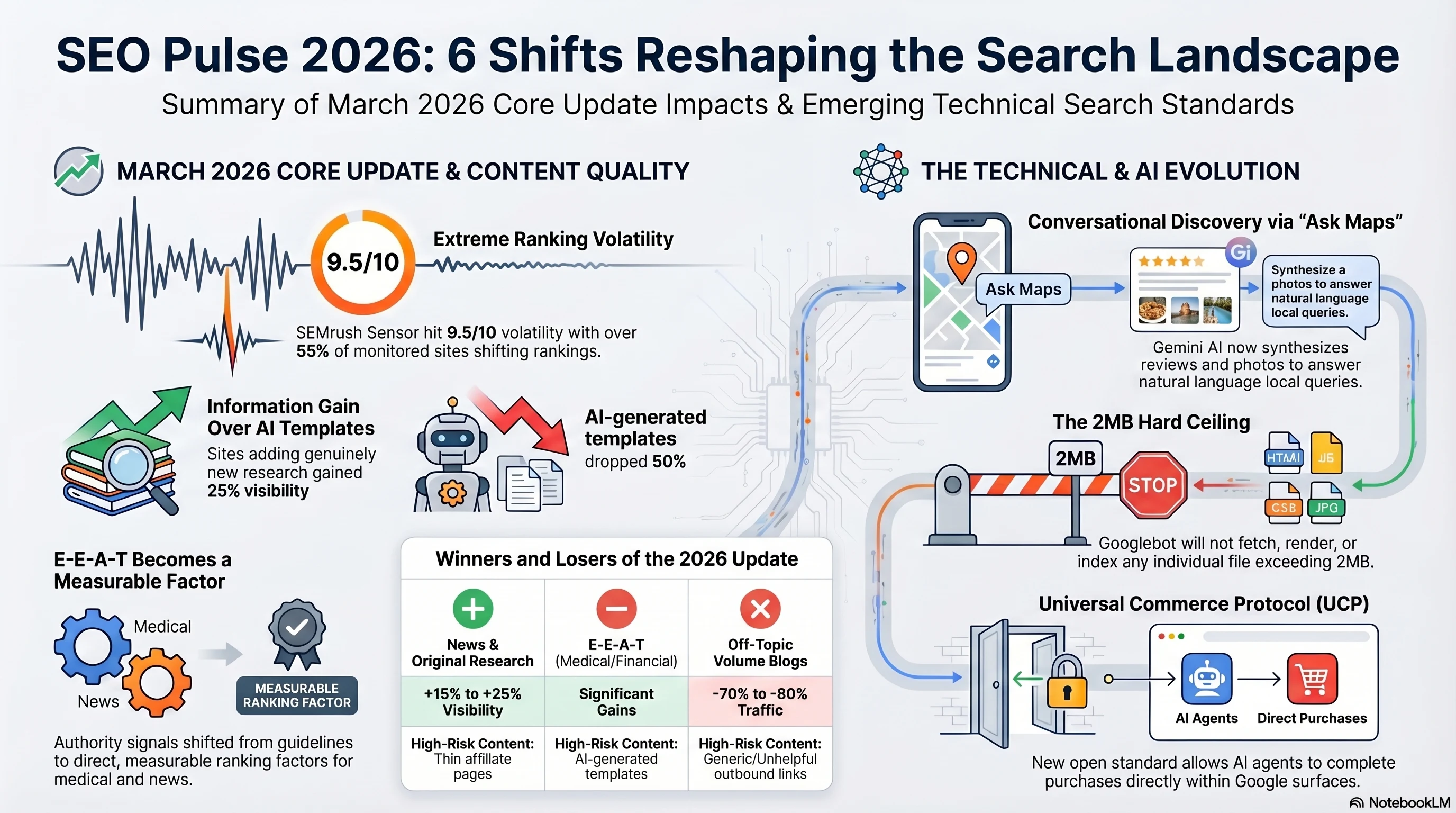 Infographic summarizing the 6 major shifts in SEO for April 2026: back button hijacking spam policy, ChatGPT citation patterns, death of ultimate guides, fan-out queries, title-query alignment, and Q2 content strategy