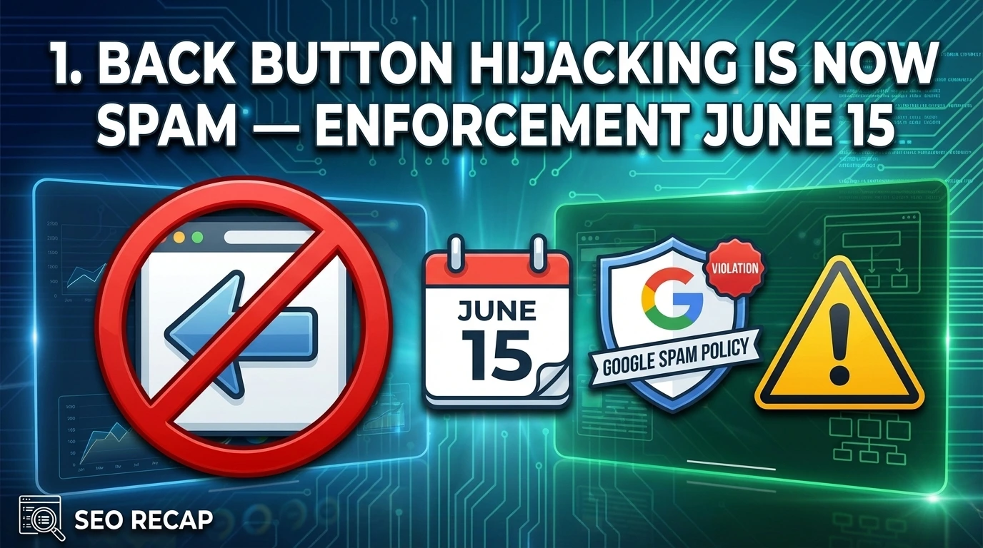 Infographic showing the back button hijacking enforcement timeline: April 13 announcement, June 15 enforcement, manual actions plus SpamBrain pathways