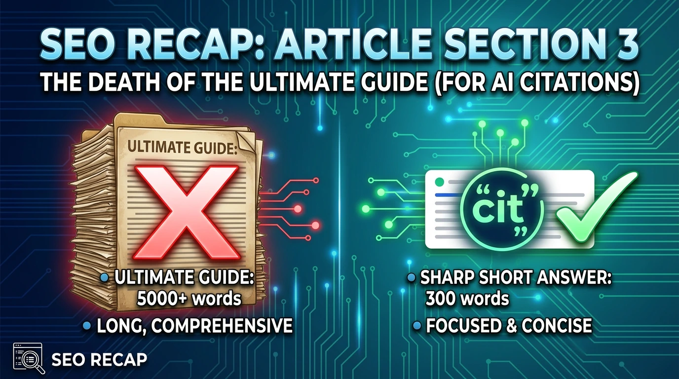 Infographic contrasting the 500–2,000 word citation sweet spot against long-form ultimate guides and showing heading-match citation lift