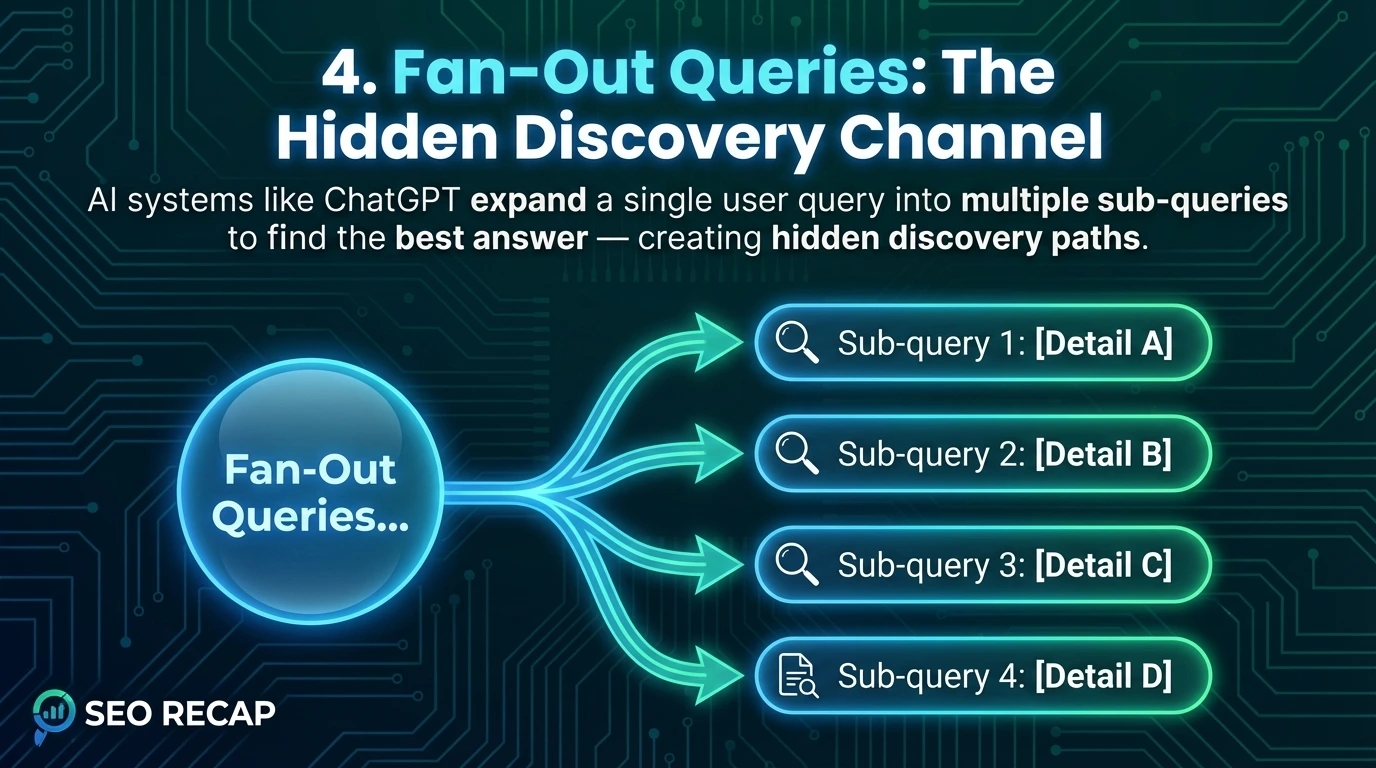 Infographic visualizing ChatGPT fan-out queries: 89.6% of searches trigger 2+ sub-queries, 32.9% of citations come from fan-out only, 95% have zero keyword volume