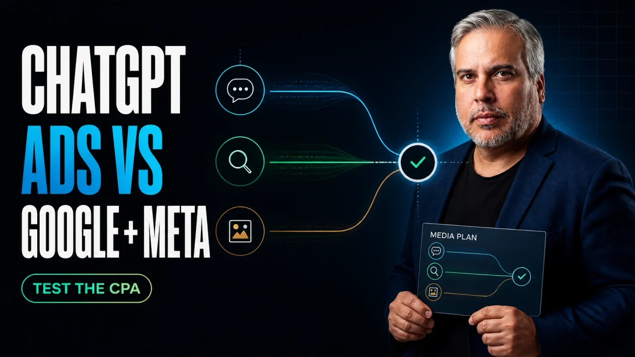 Francisco Leon de Vivero junto a una comparación editorial de ChatGPT Ads, Google Ads y Meta Ads con el mensaje “Test the CPA”.