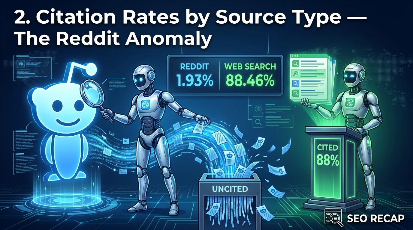 ChatGPT citation rates by source type showing Reddit's 1.93% anomaly