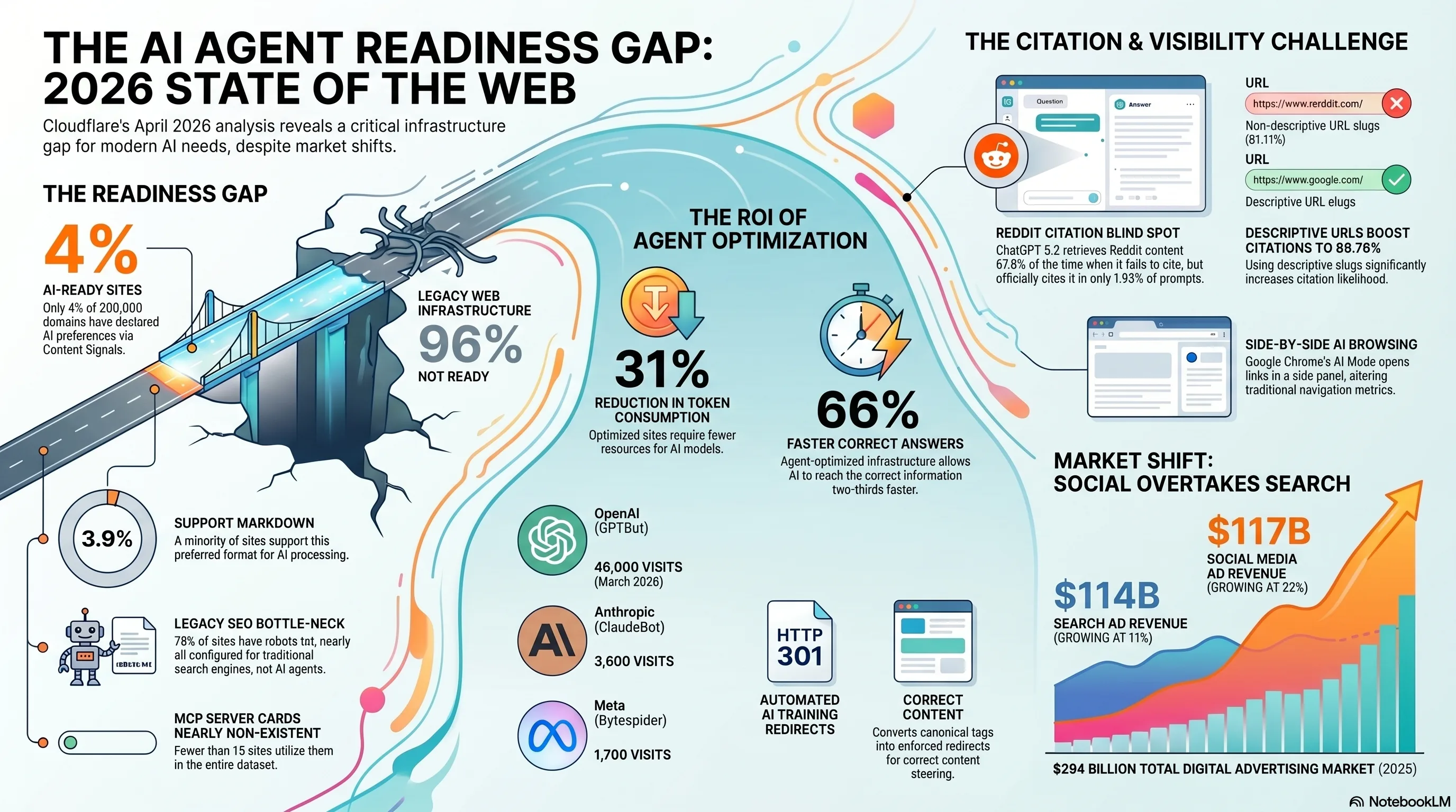 Visual overview of Cloudflare Agent Readiness Score, AI Training Redirects, and ChatGPT citation mechanics
