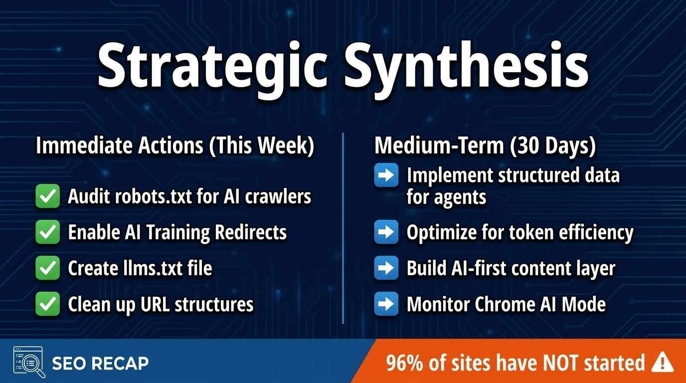 Strategic synthesis infographic showing immediate and medium-term action items for AI agent readiness, training redirects, and content optimization