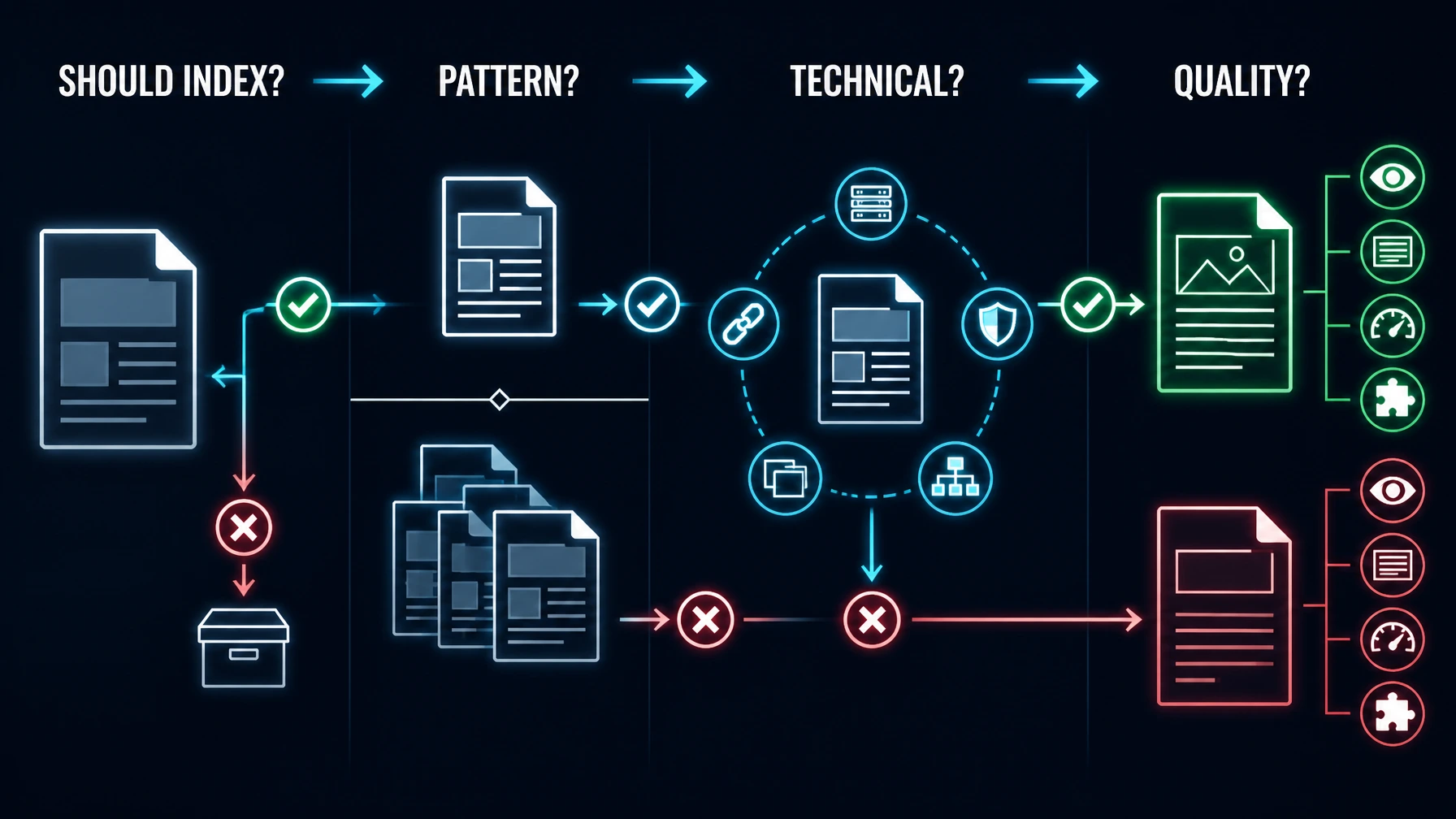 Full page quality audit showing content value, user experience, technical access, and internal link evidence