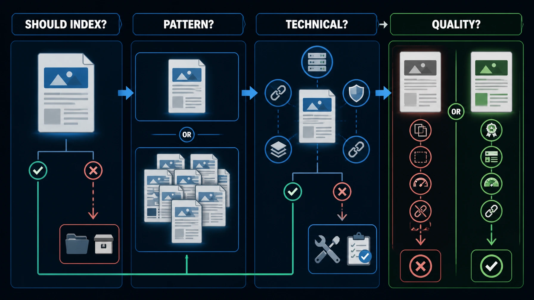 Indexing triage map showing crawl, render, canonical, duplicate, quality, and page experience checks