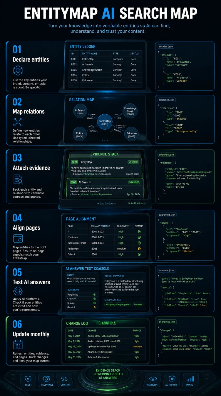 Vertical infographic showing a six-step EntityMap AI search workflow from declaring entities to monthly updates