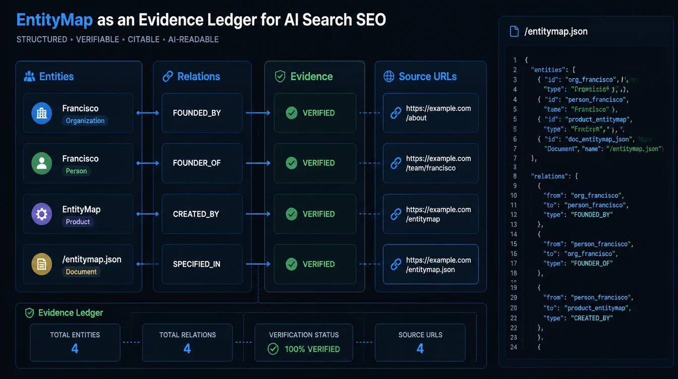 EntityMap visualized as an evidence ledger with entities, relations, evidence, source URLs, and an entitymap.json file