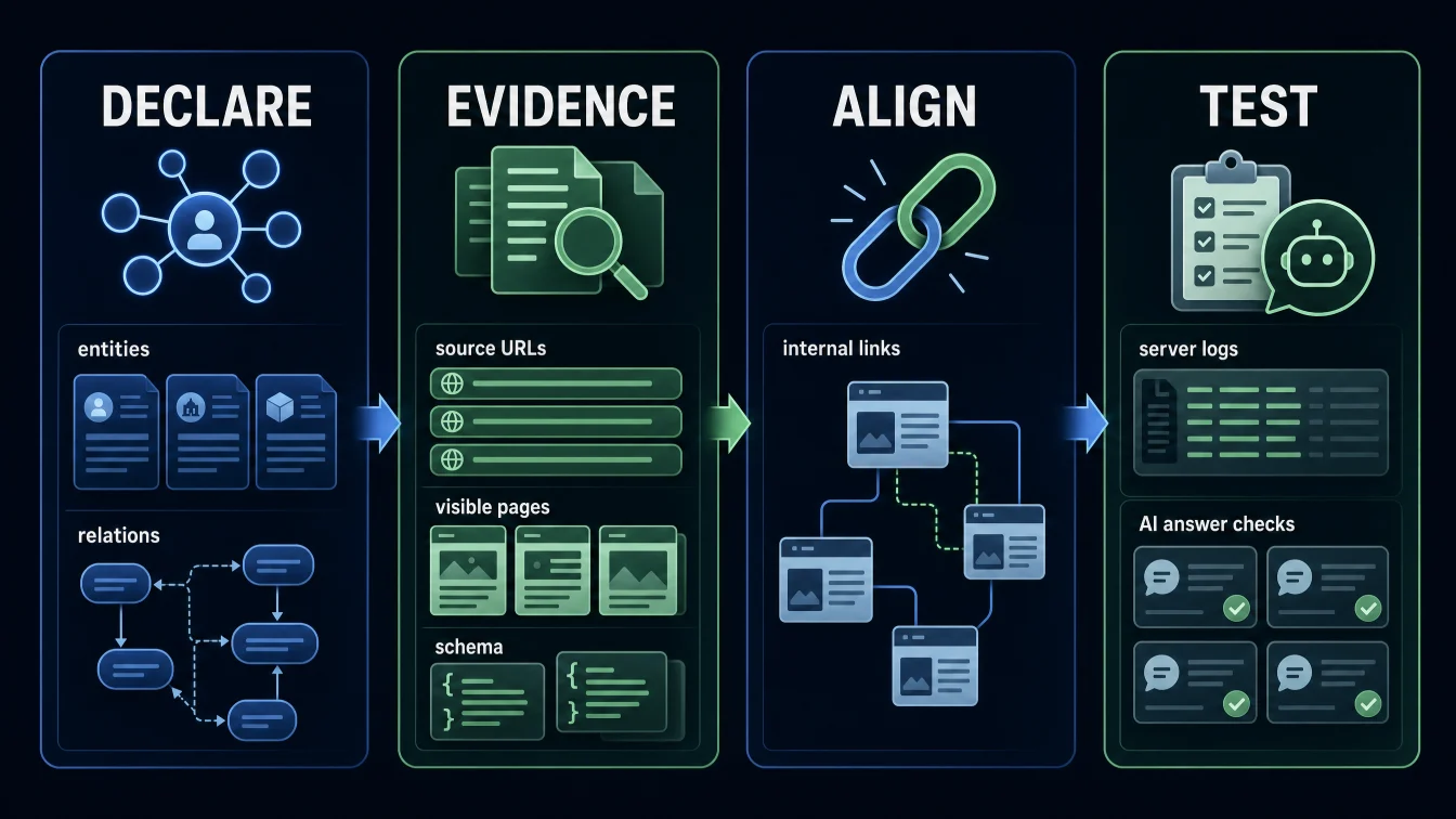 Declare, Evidence, Align, Test workflow for evaluating EntityMap in AI search SEO