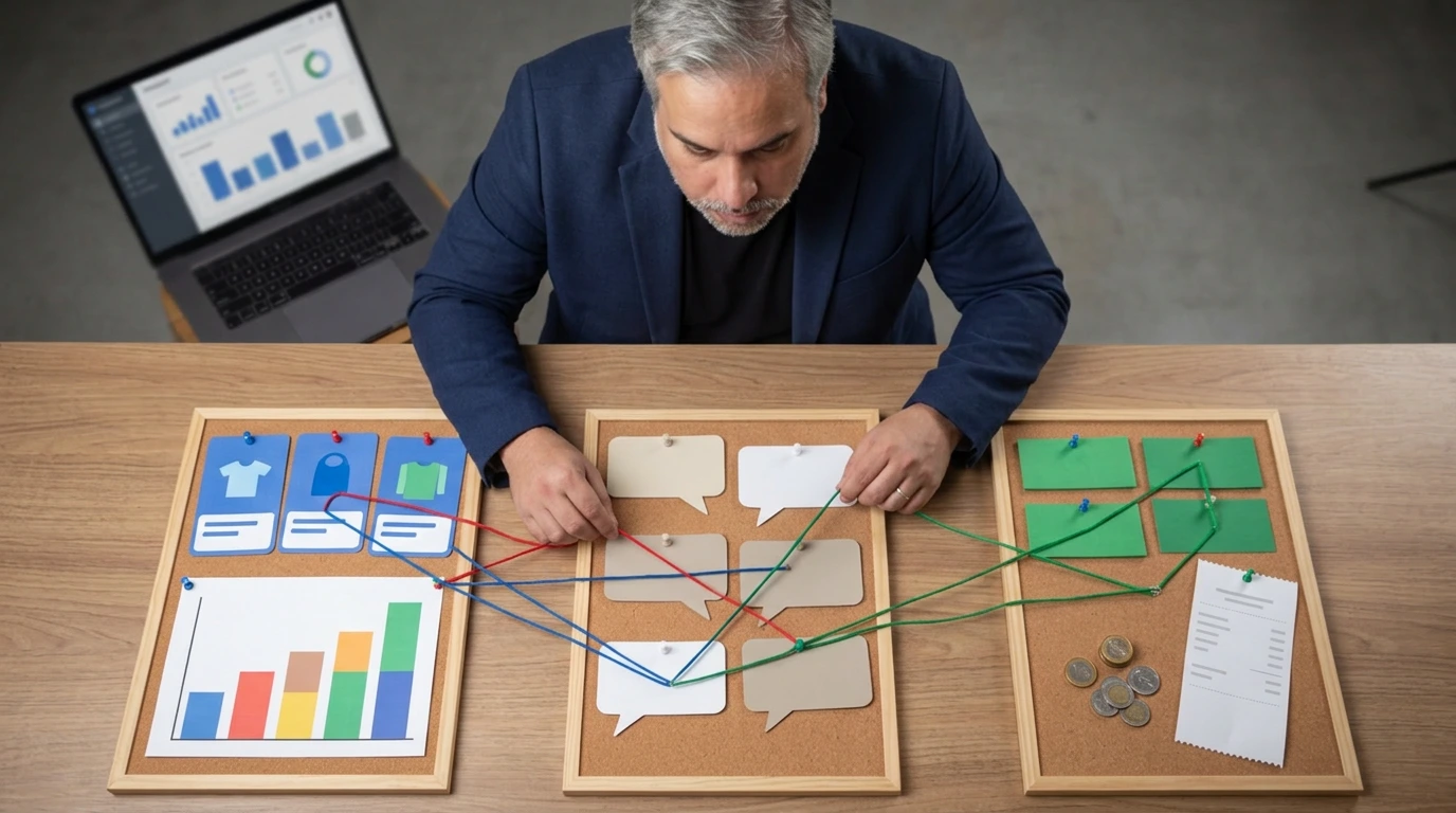 Francisco connecting product visibility cards, AI answer cards, checkout blocks, coins, and analytics charts to illustrate how agentic ecommerce measurement links visibility, answers, checkout events, and revenue