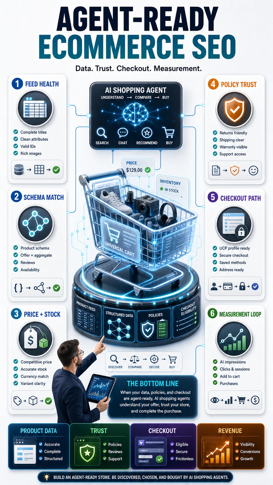 Vertical infographic showing the agent-ready ecommerce SEO stack: feed health, schema match, price and stock, policy trust, checkout path, and measurement loop
