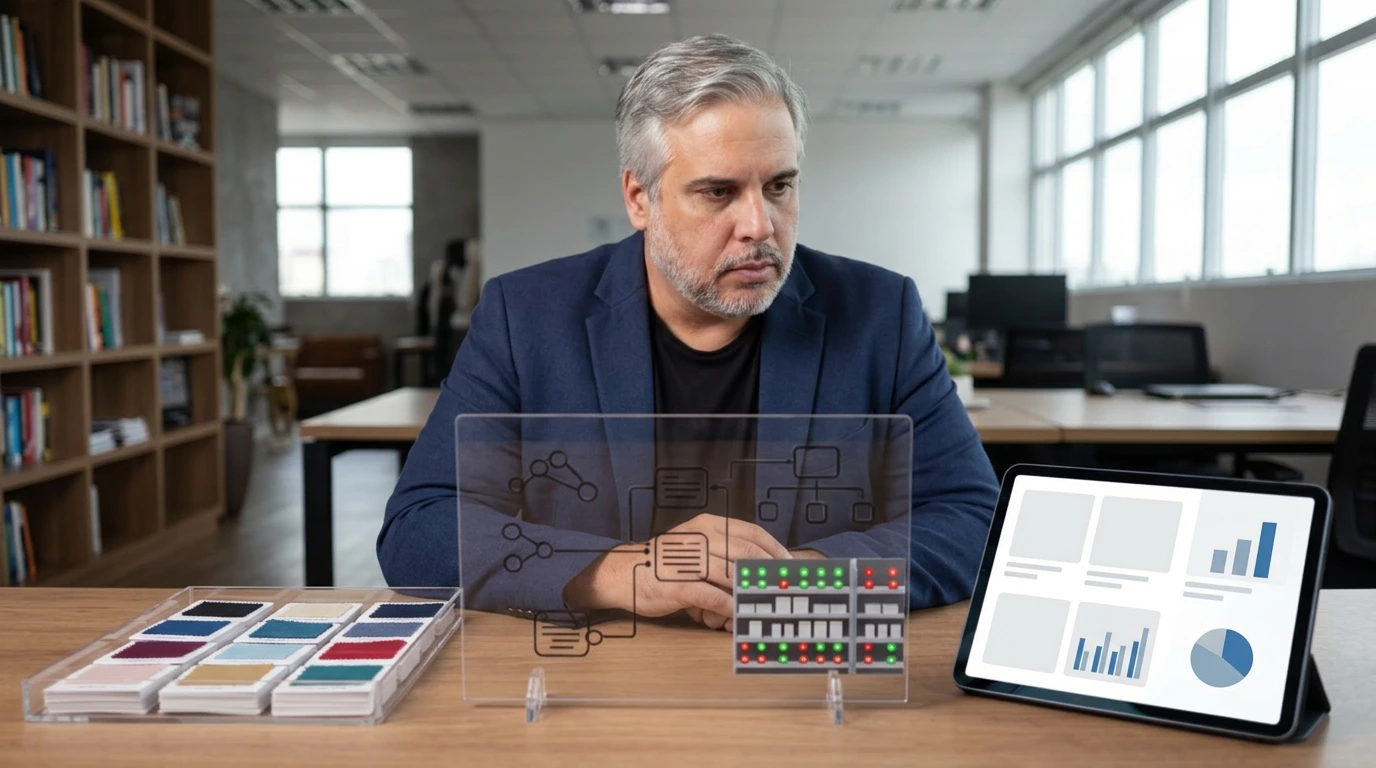 Francisco auditing ecommerce product data with product cards, structured data shapes, inventory lights, and analytics panels to show feed, schema, stock, and checkout readiness layers