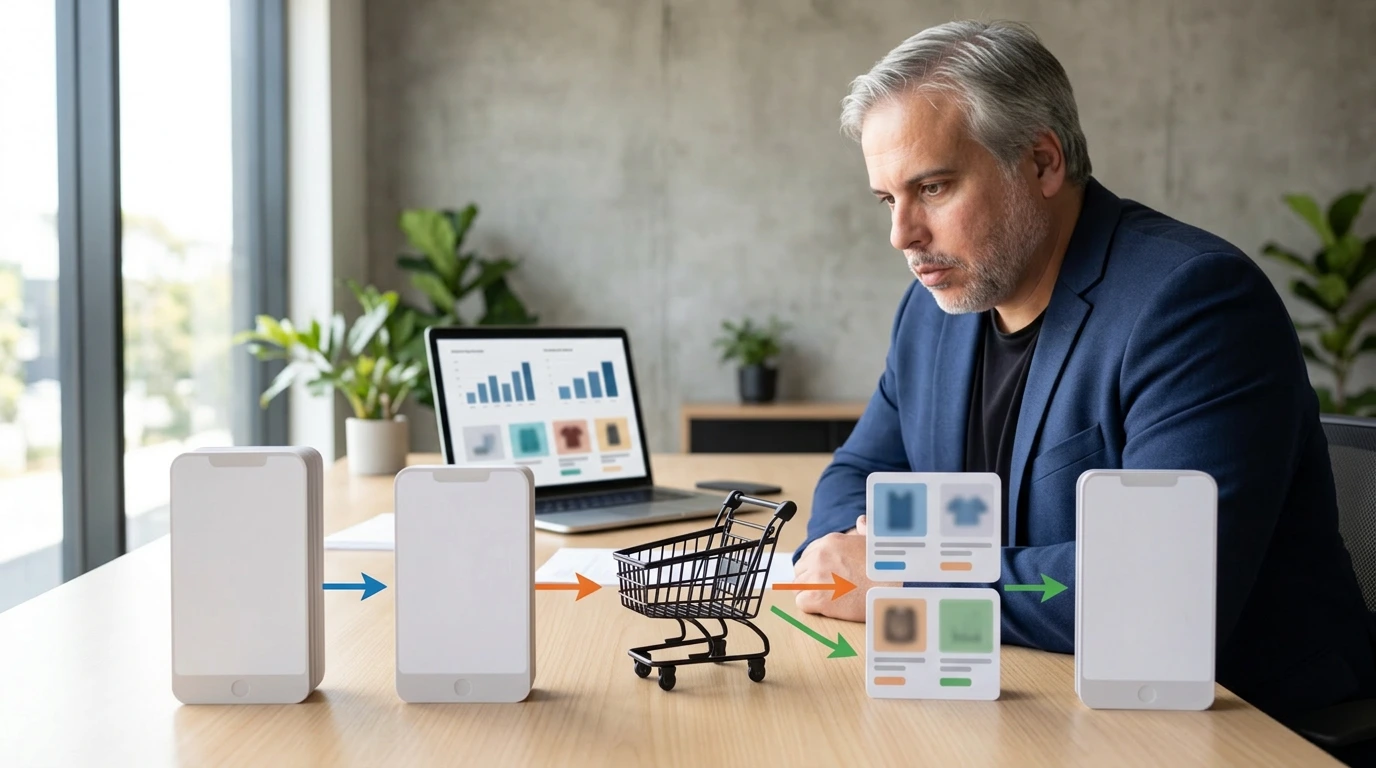Francisco reviewing an agentic shopping journey with device cards, product cards, arrows, and a shopping cart to explain how Universal Cart can move products across Google AI shopping surfaces