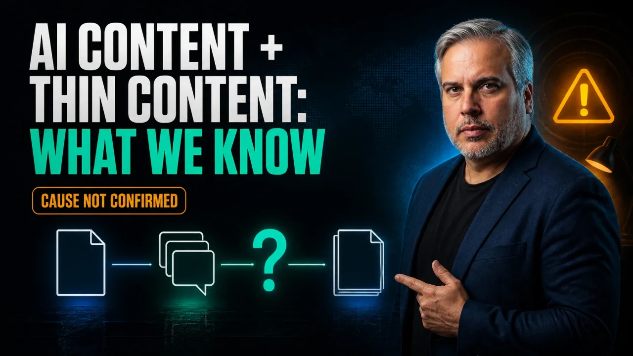 Francisco junto a una cadena de evidencia sobre contenido con IA y thin content, con una advertencia de que la causa de la acción manual reportada no está confirmada