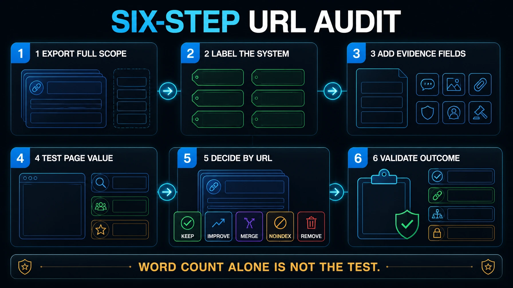 Auditoría de seis pasos para contenido automatizado, desde el inventario y el sistema de origen hasta las acciones por URL y la validación