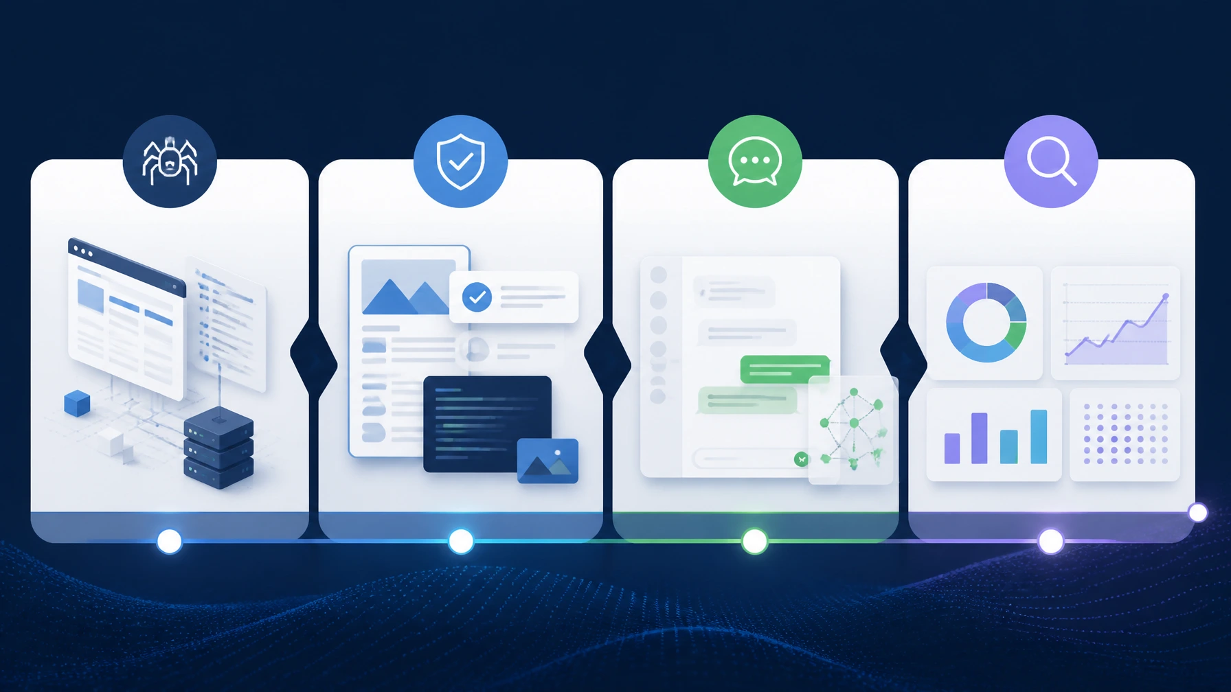 Editorial graphic showing a 30-day AI search action plan: audit access, upgrade proof, test agents, and measure
