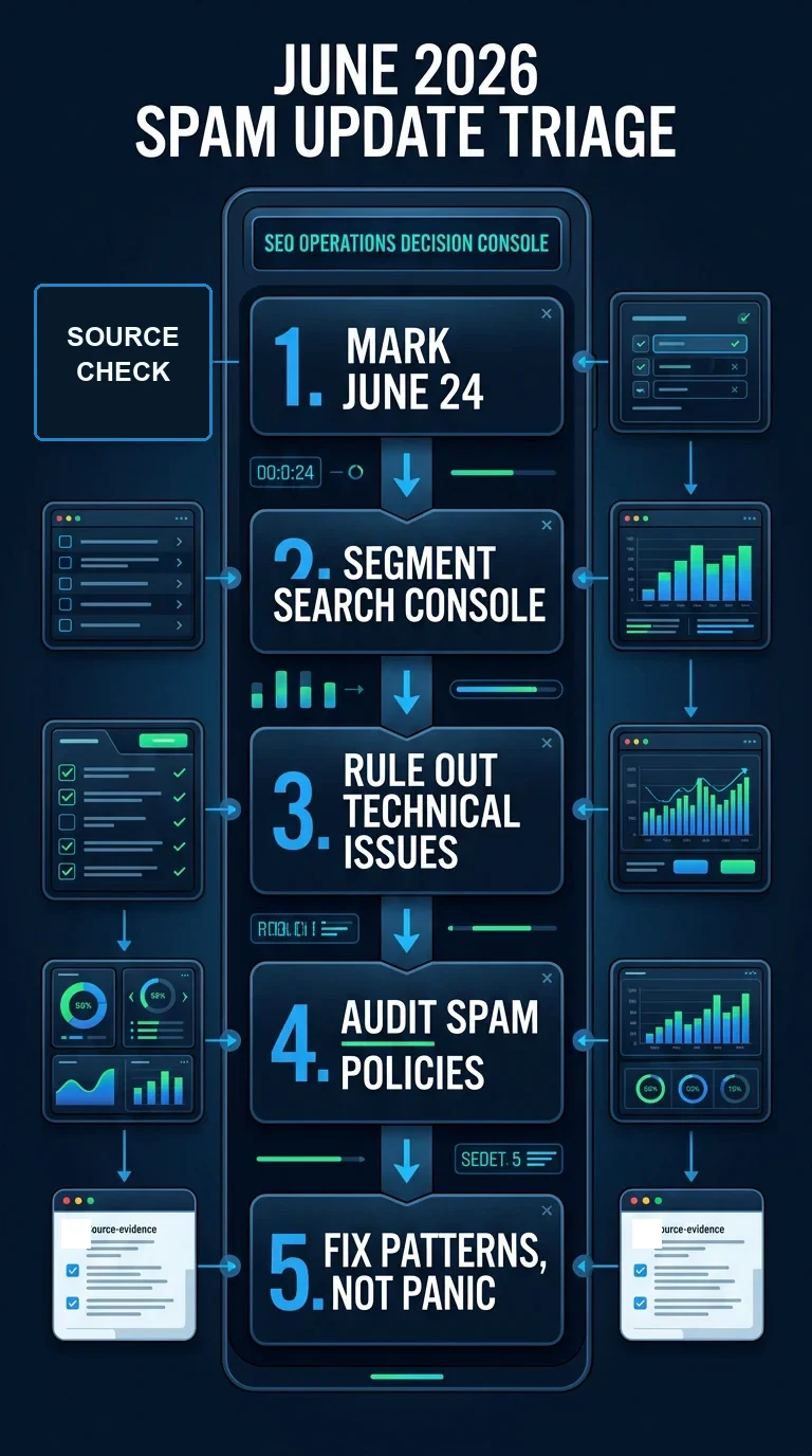 Vertical infographic showing the June 2026 spam update triage flow: mark June 24, segment Search Console, rule out technical issues, audit spam policies, and fix patterns