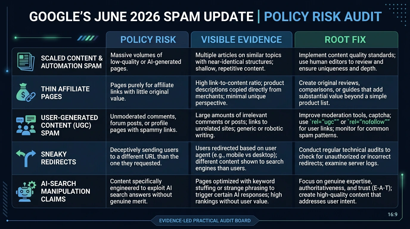 Spam policy risk board mapping affected page clusters to policy risk, visible evidence, and root fixes