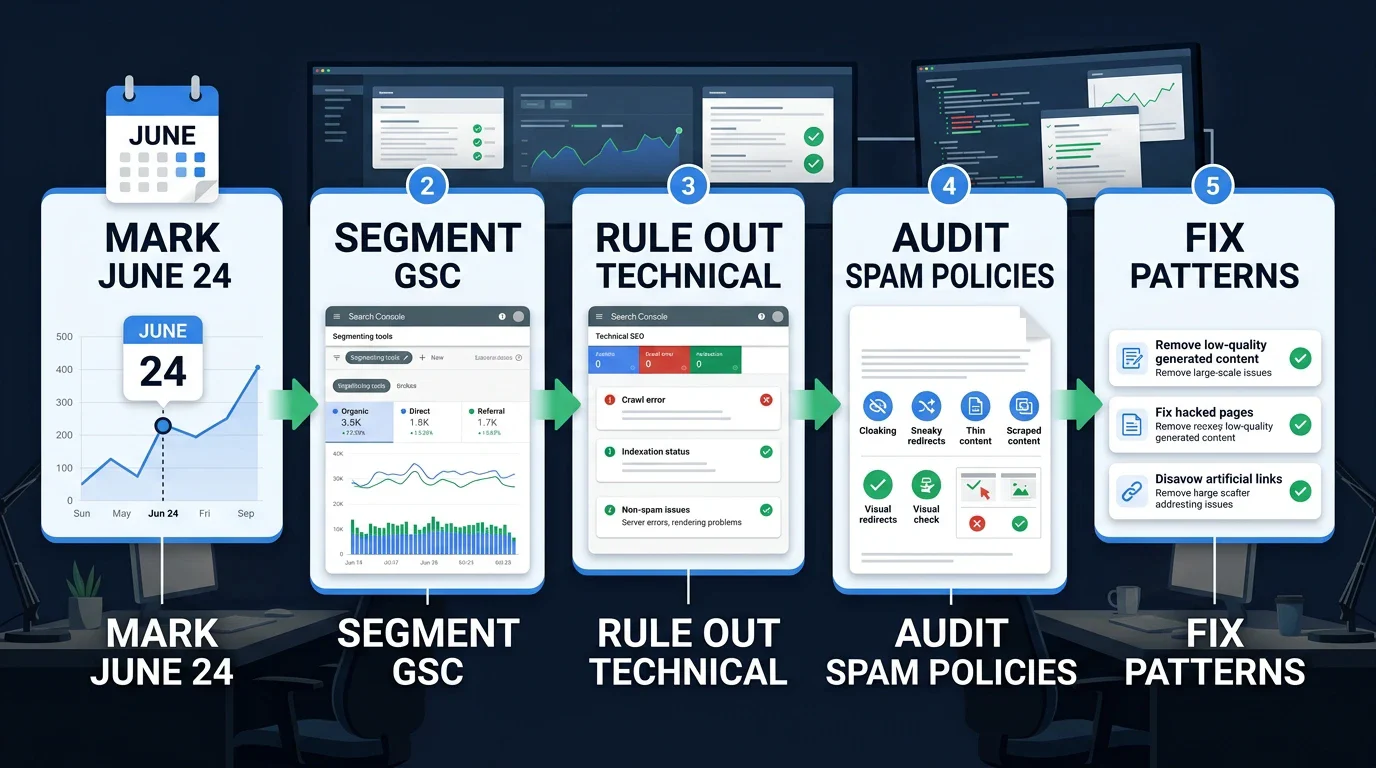 Search Console triage workflow for the June 2026 spam update showing mark, segment, rule out, audit, wait, and fix steps