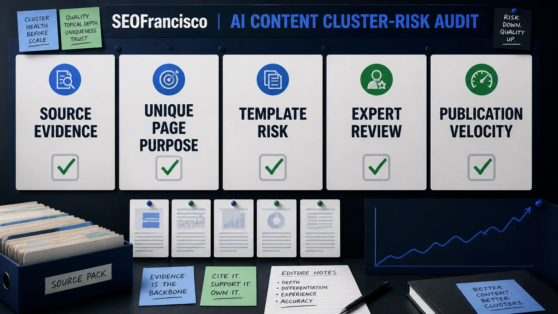 AI content QA board showing source evidence, expert review, unique page purpose, template risk, and publication velocity checks