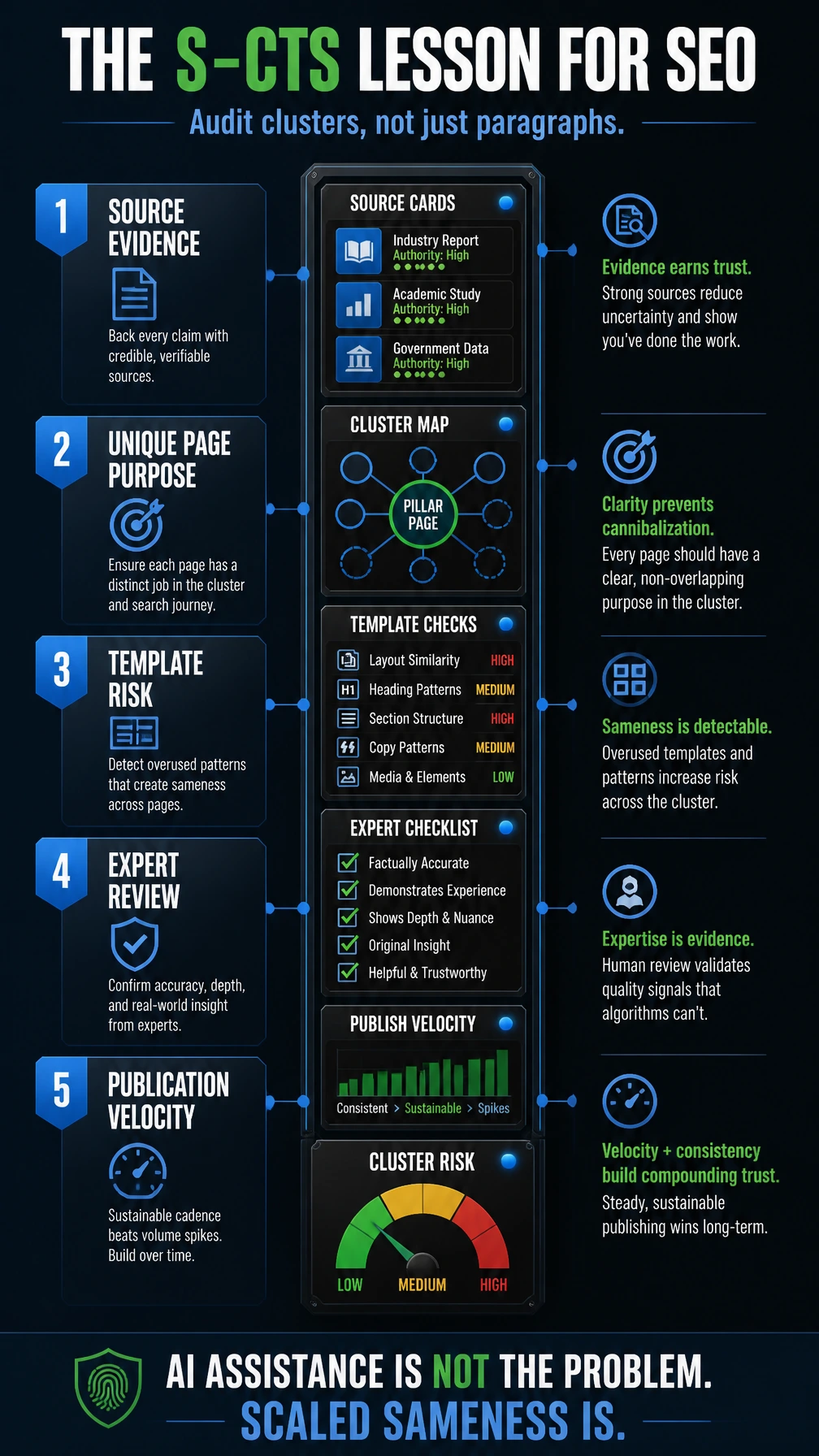 Vertical infographic showing the S-CTS lesson for SEO as a five-step cluster-risk audit: source evidence, unique page purpose, template risk, expert review, and publication velocity