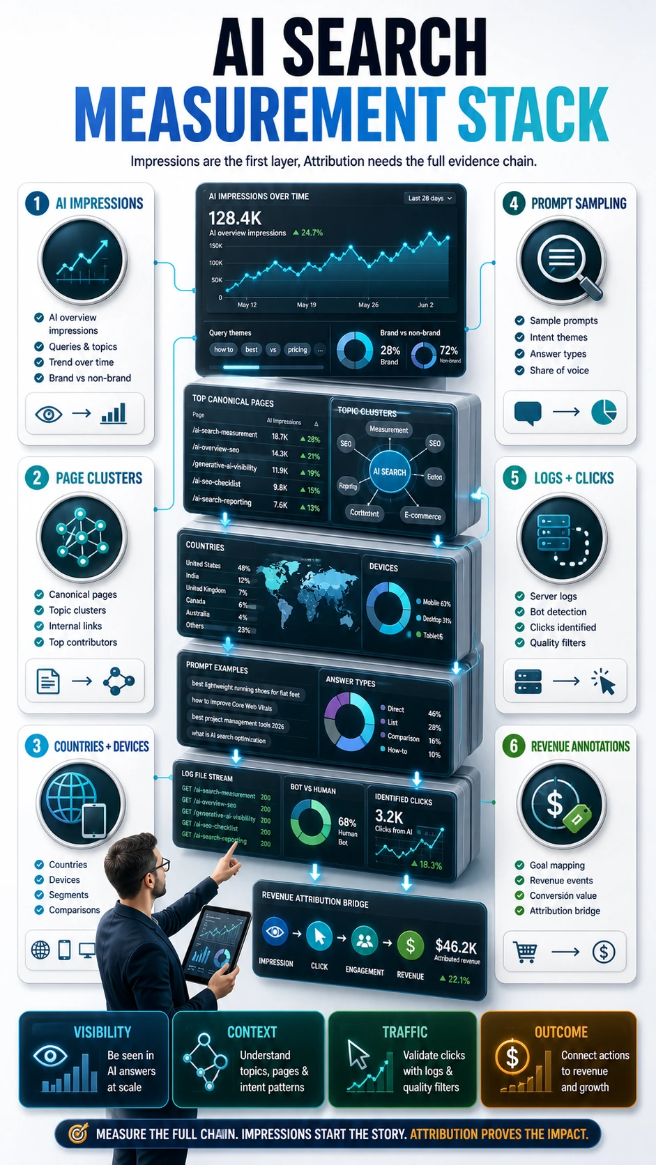 Vertical infographic explaining an AI search measurement stack with AI impressions, page clusters, country and device splits, prompt sampling, logs and clicks, and revenue annotations