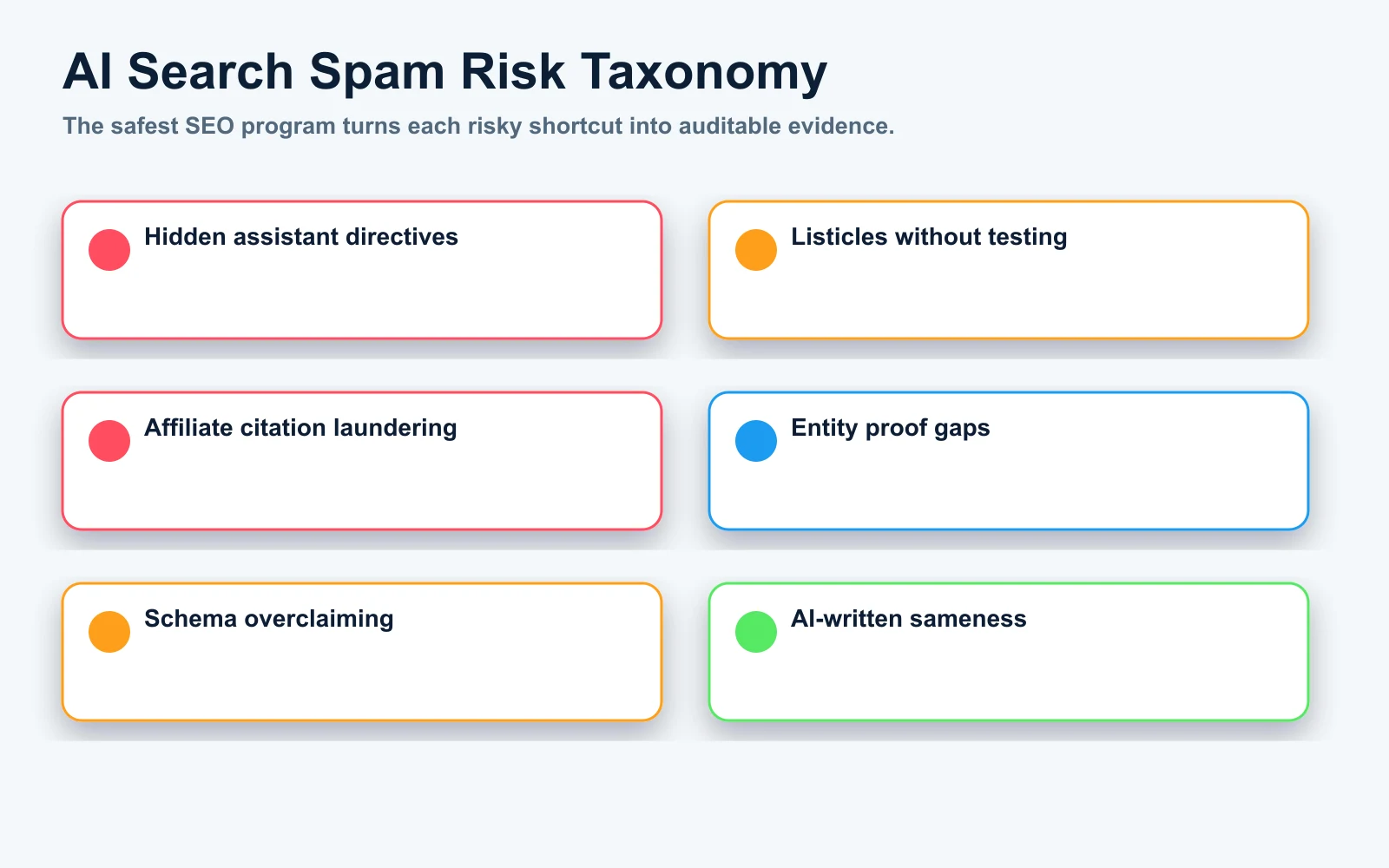 AI search spam risk taxonomy for hidden directives, weak listicles, affiliate laundering, entity proof gaps, schema overclaiming, and generic AI copy