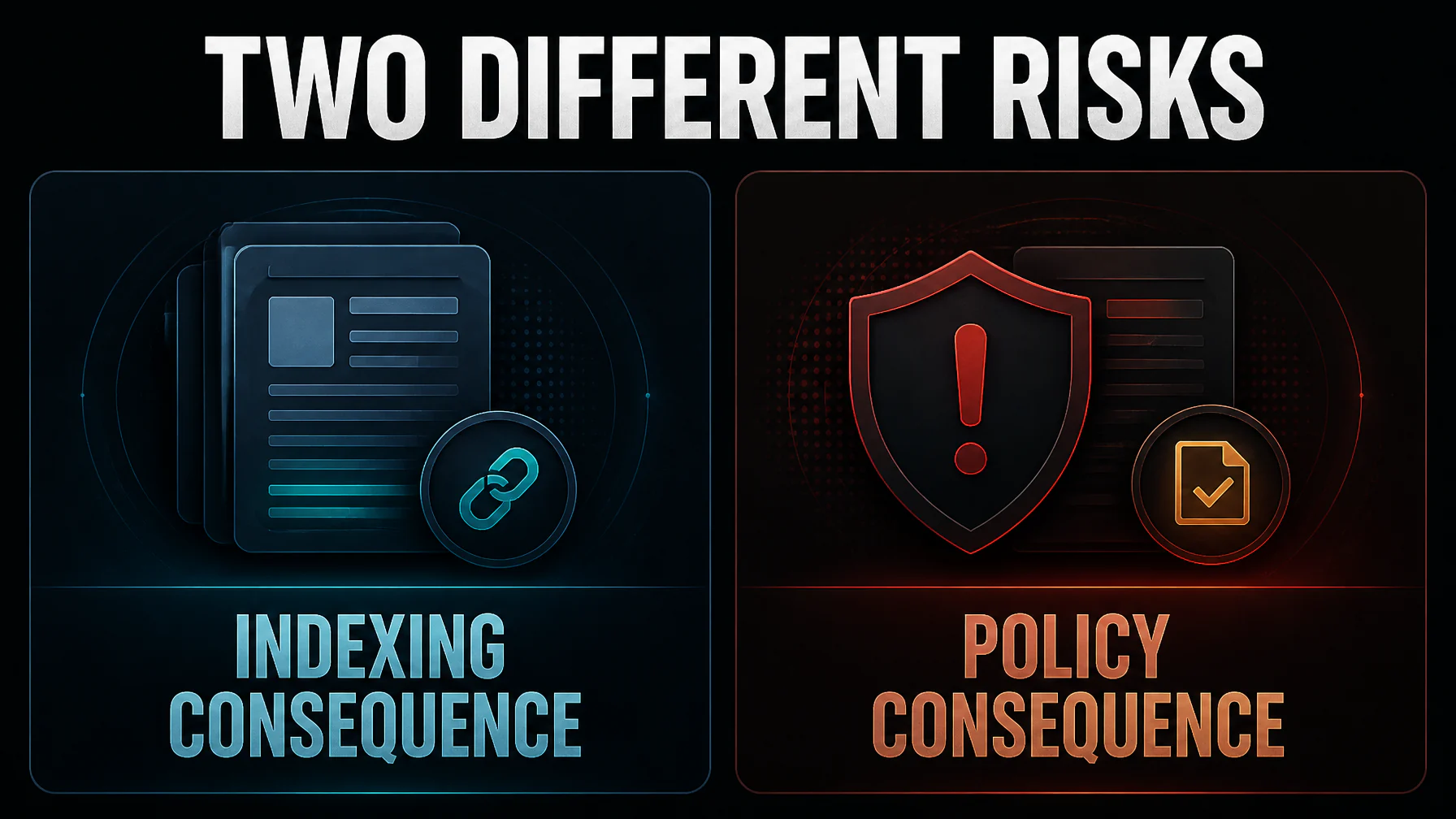 Editorial diagram separating A/B test indexing consequences from policy consequences