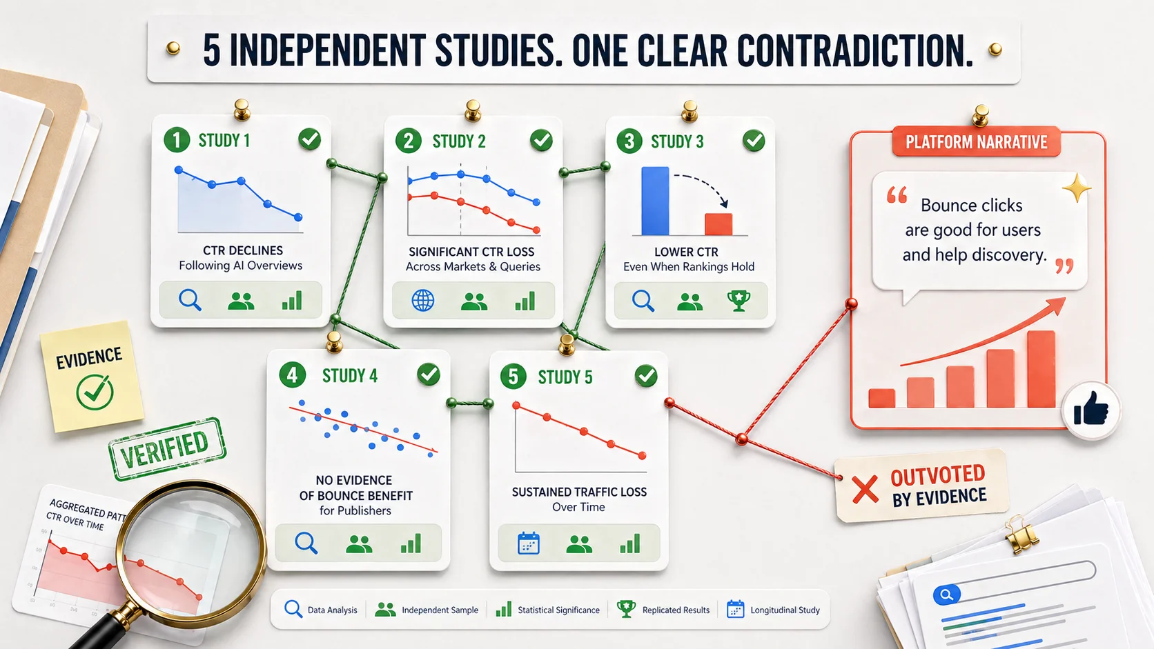 Five independent studies showing AI Overviews reduce organic click-through rates