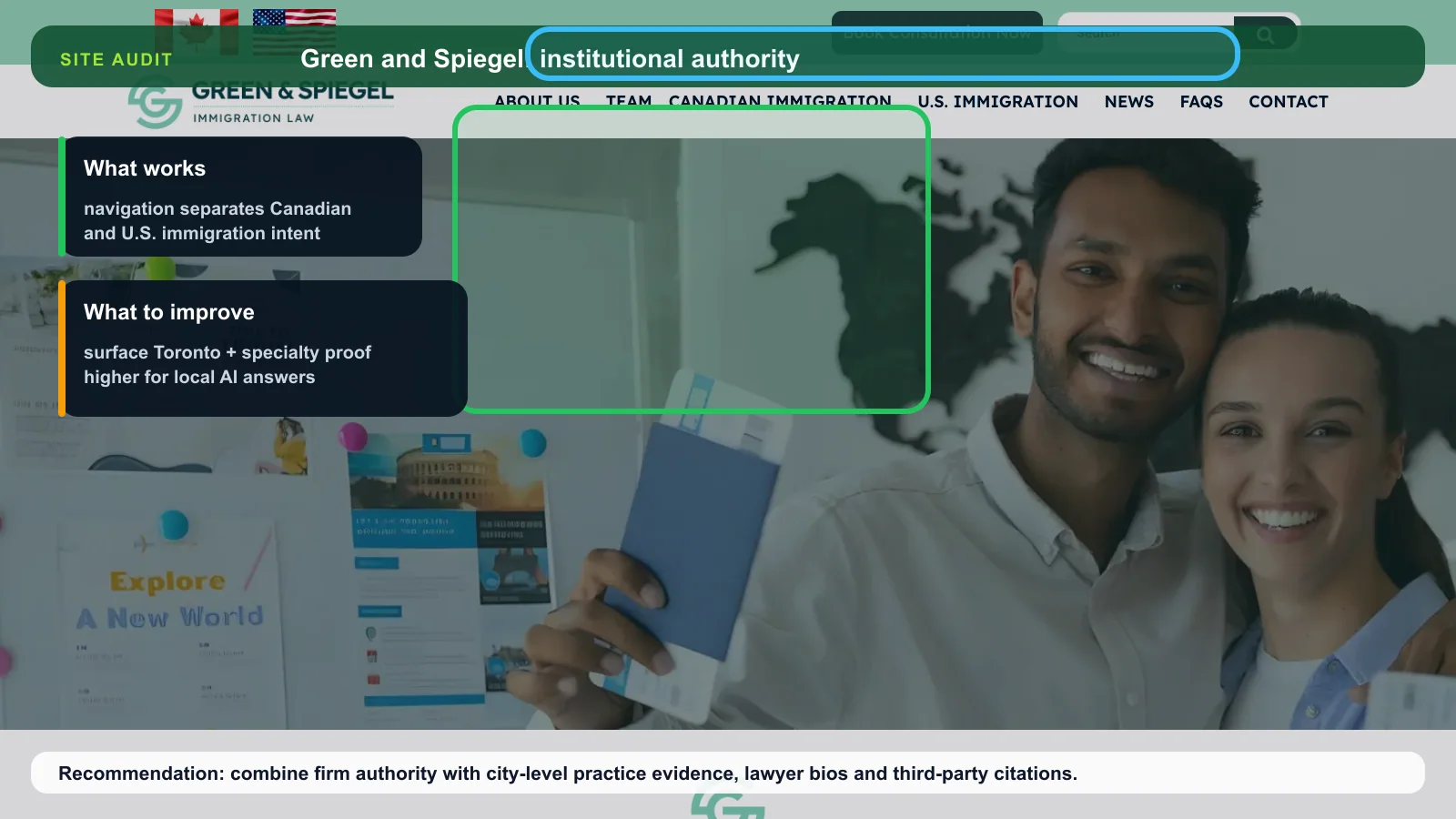 Annotated Green and Spiegel homepage showing institutional authority and local proof opportunities