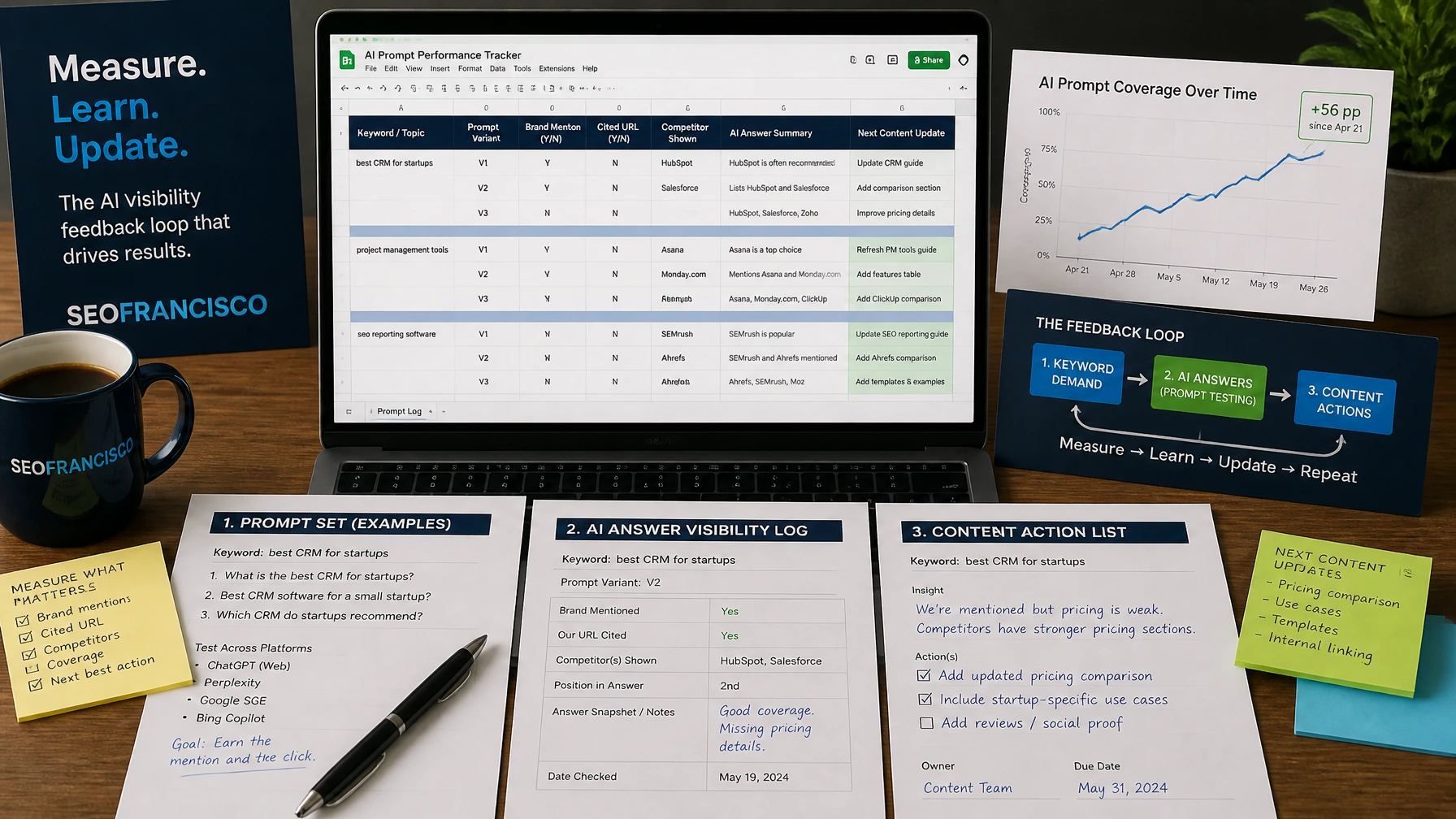 Concrete OpenArt measurement workspace showing an AI prompt performance tracker, prompt set examples, AI answer visibility log, content action list, and coverage chart